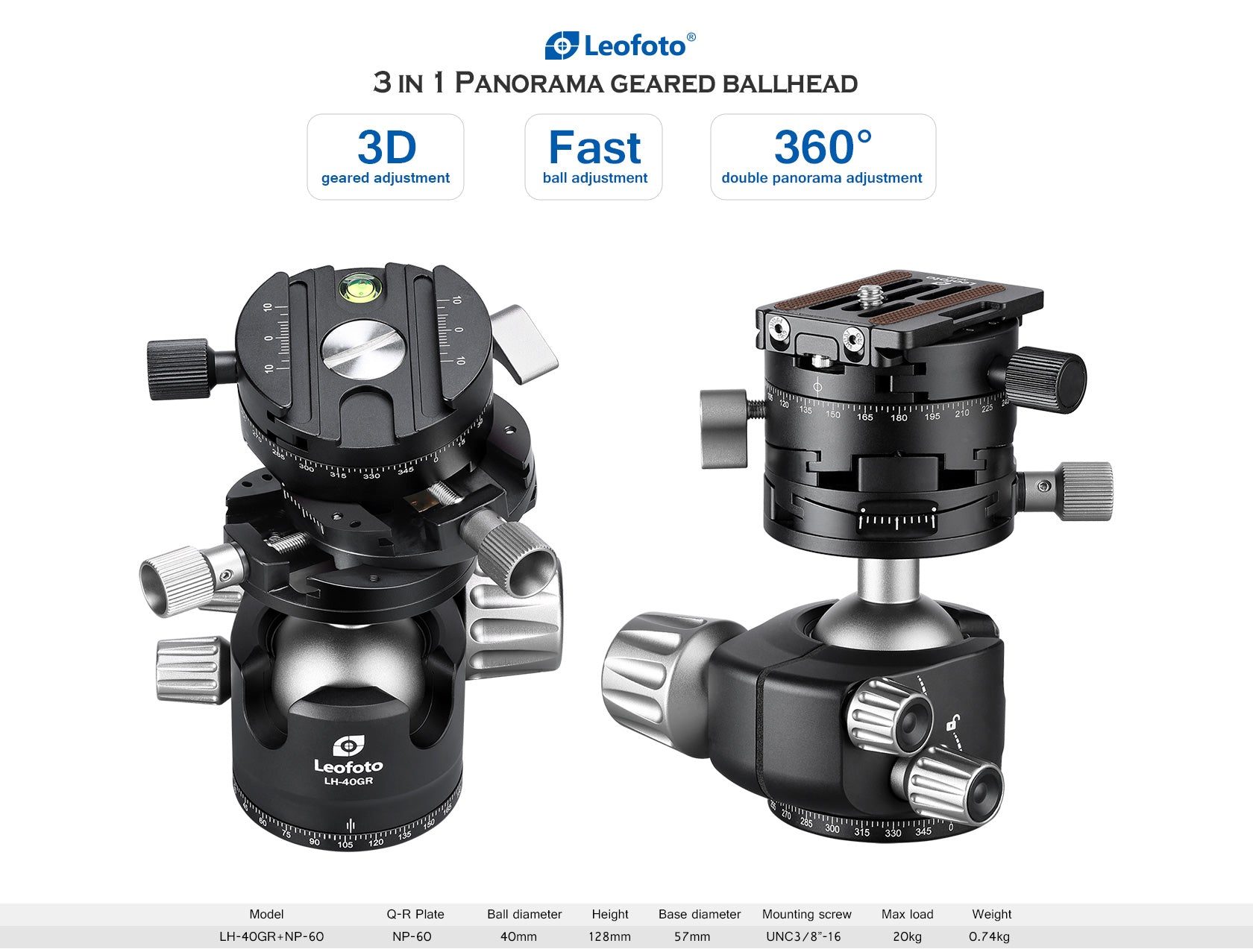 Leofoto LH-40GR Low-Profile Ball Head with Integrated Geared Panorama | Arca Compatible