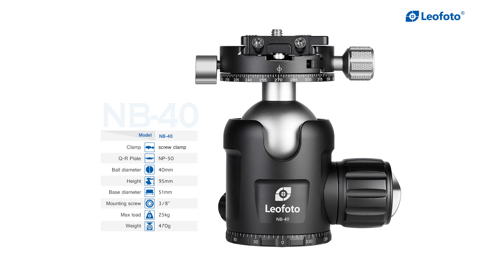 Leofoto NB-40 Pro Panning Ball Head with 360° Panning Clamp | Arca Compatible