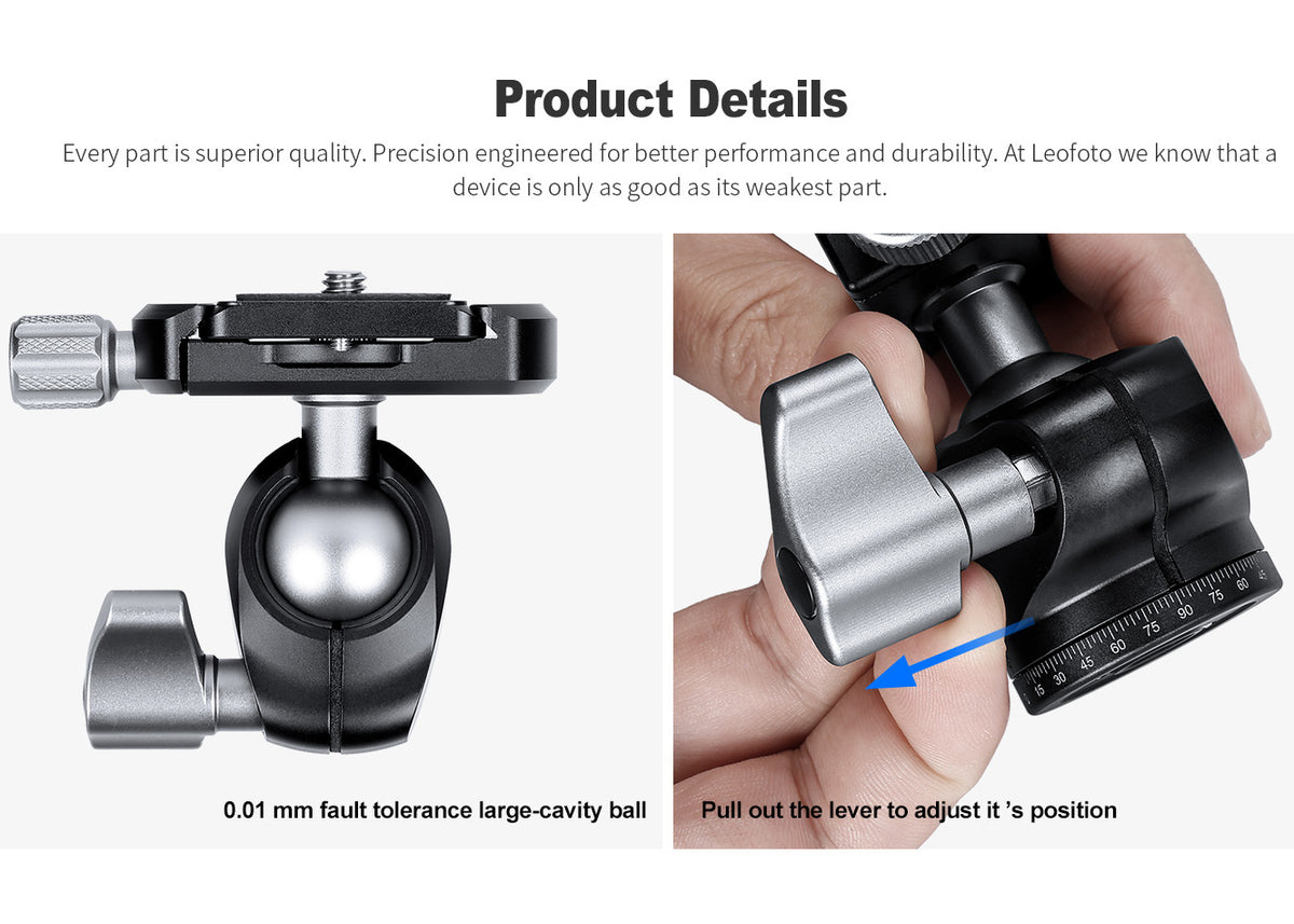 Leofoto LH-22 Mini Ball Head + DC-22M Rail Clamp | Arca-Compatible Rail Mount Kit