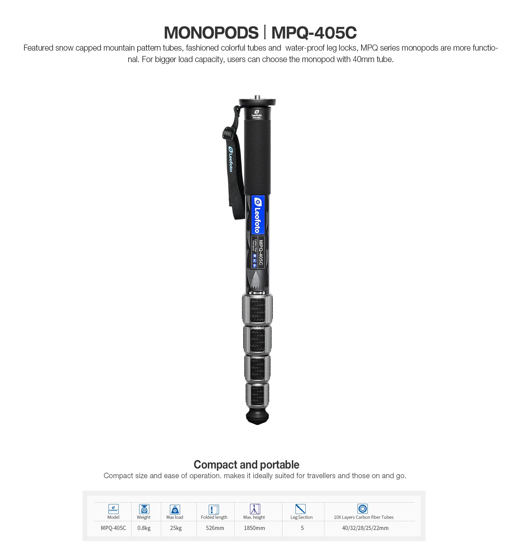 Leofoto MPQ-40 Series Premium Carbon Fiber Monopod with Case | Water-Resistant Legs