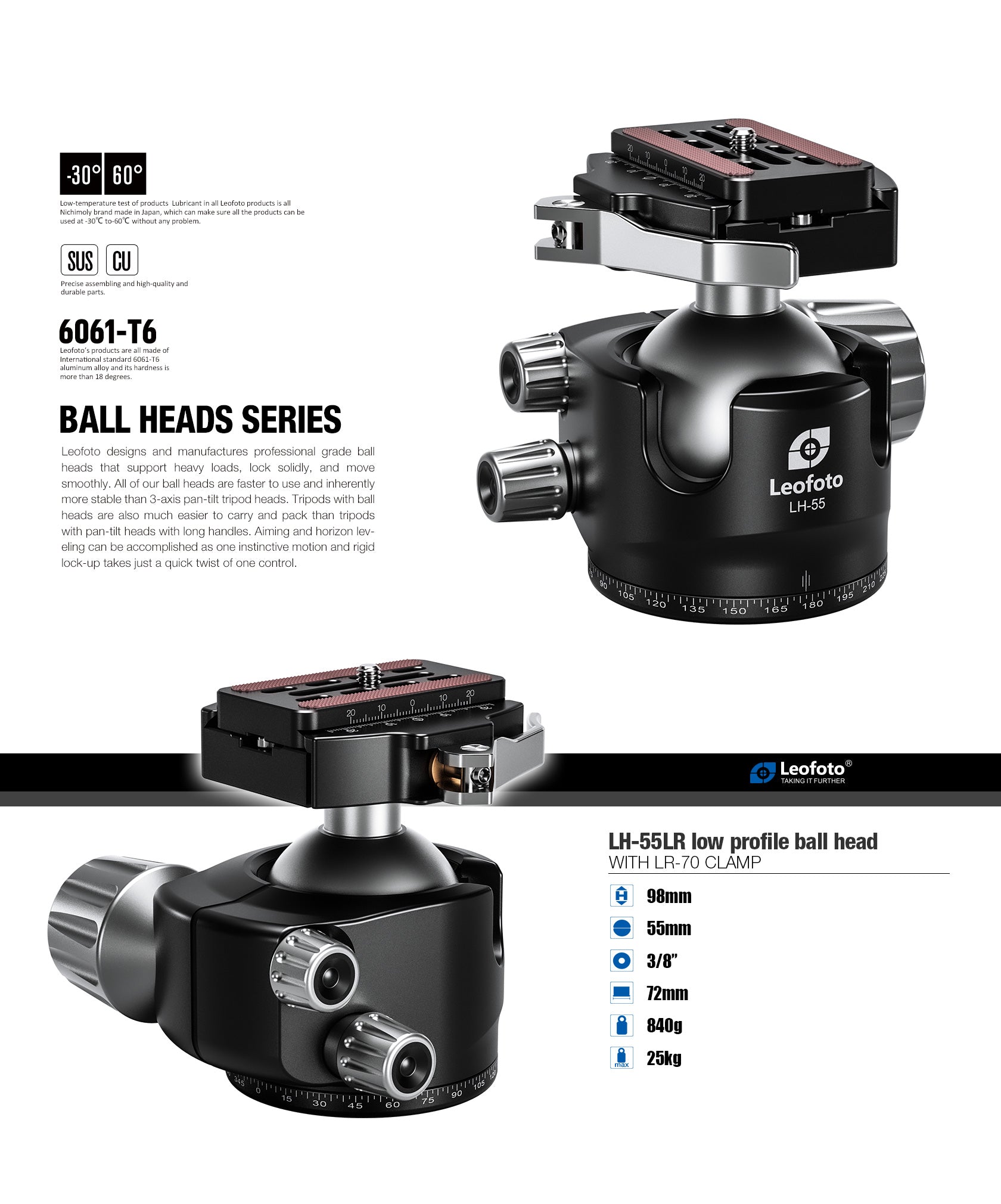 Leofoto LH-55LR Ball Head with LR-70 Lever Release Clamp | Arca Compatible