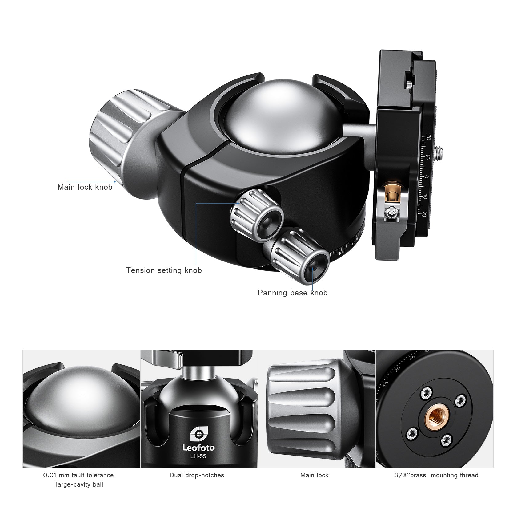 Leofoto LH-55LR Ball Head with LR-70 Lever Release Clamp | Arca Compatible