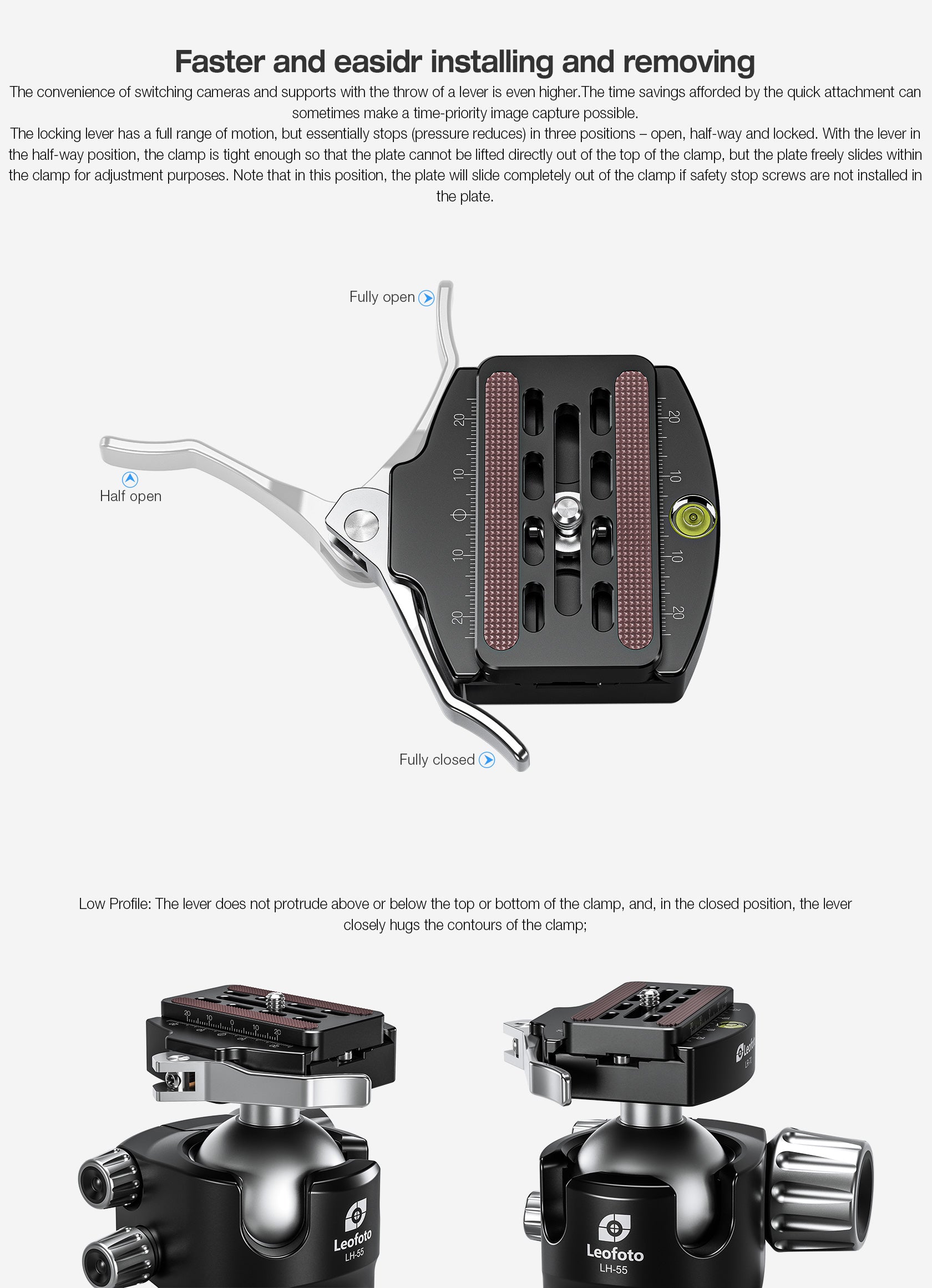 Leofoto LH-55LR Ball Head with LR-70 Lever Release Clamp | Arca Compatible