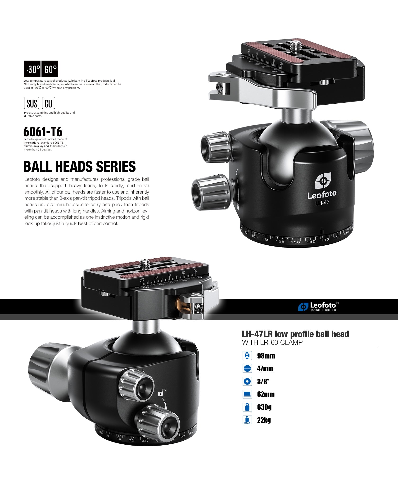 Leofoto LH-47LR Ball Head with LR-60 Lever Release Clamp | Arca Compatible