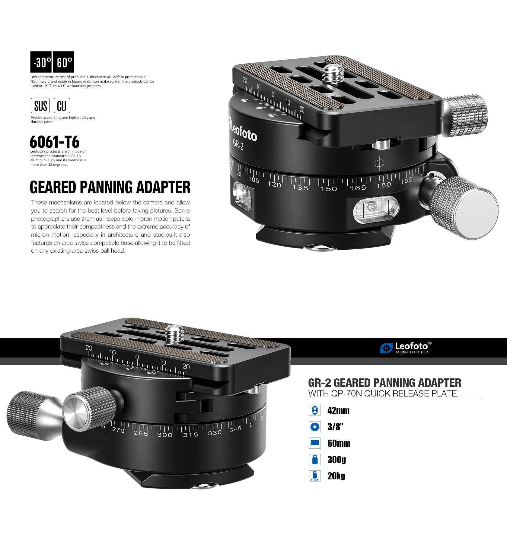 Leofoto GR-2 Geared Panning Adapter | Arca Compatible