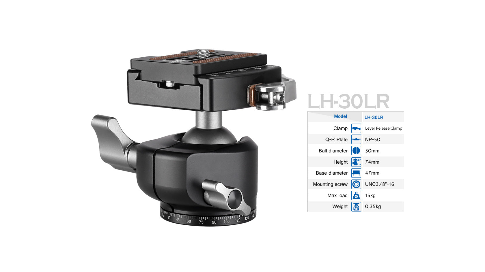 Leofoto LH-30LR Ball Head with LR-50 Lever-Release Clamp | Arca Compatible