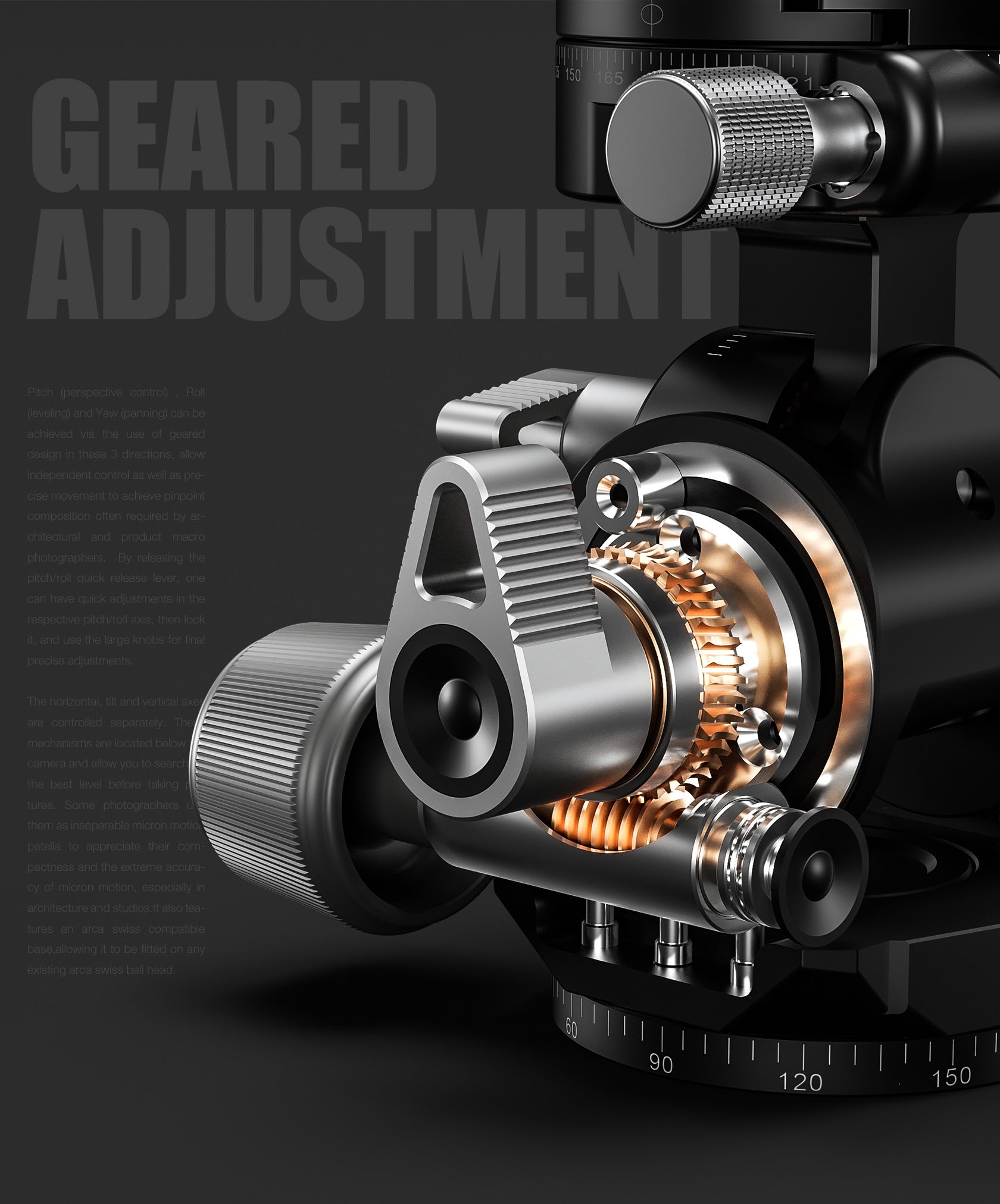 Leofoto G4 Pro Four Way Geared Head with Geared Panning Adapter | Arca Compatible