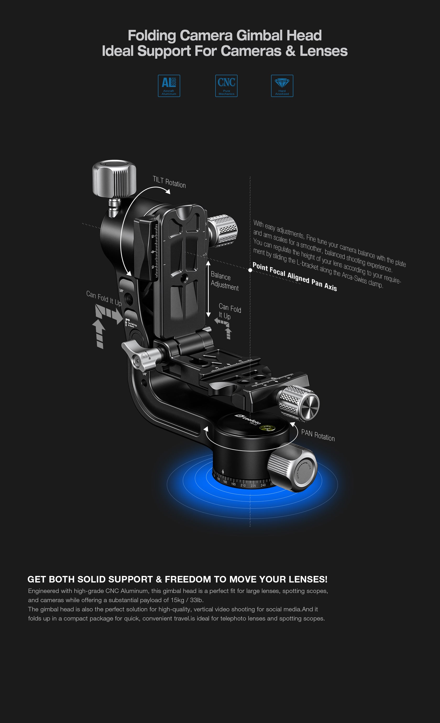 Leofoto PG-2S Compact Mini Folding Gimbal Head