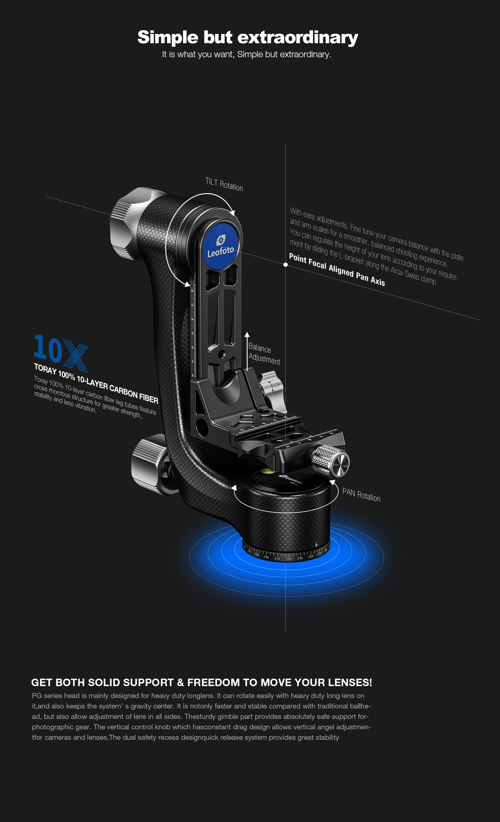 Leofoto PG-3 (Knob Clamp) / PG-3L (Lever-Release Clamp) Carbon Fiber Gimbal Head