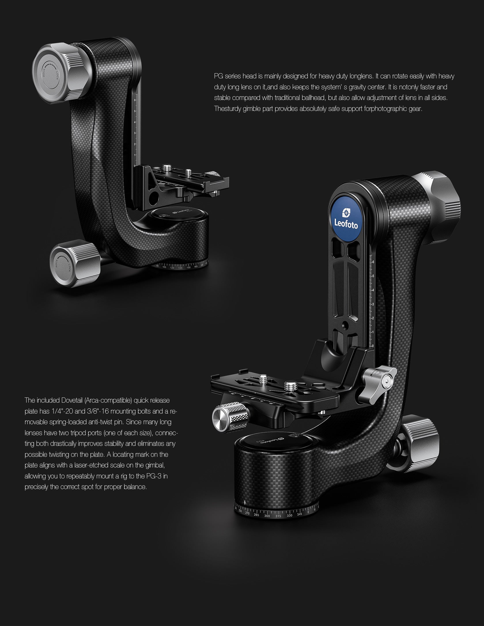 Leofoto PG-3 (Knob Clamp) / PG-3L (Lever-Release Clamp) Carbon Fiber Gimbal Head