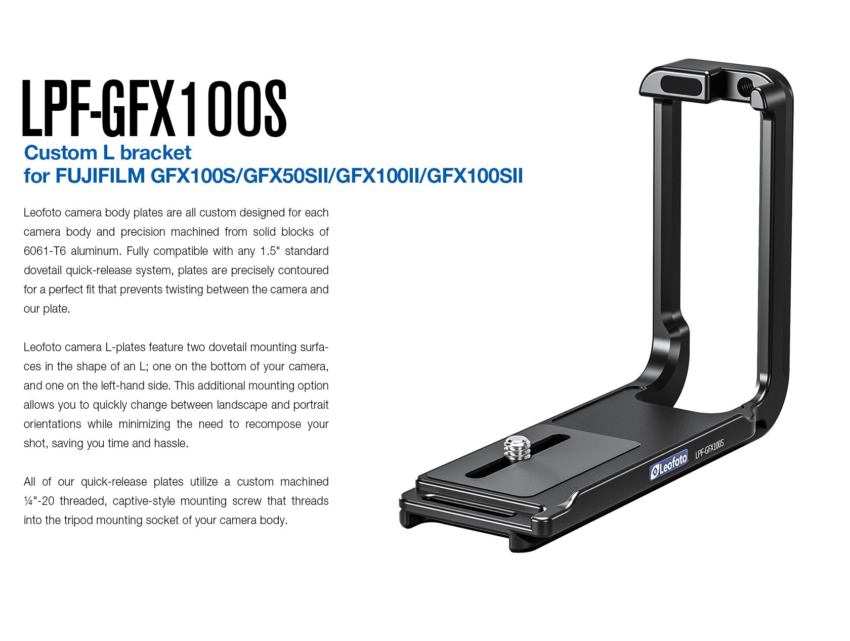 Leofoto LPF-GFX-100S L Plate for Fujifilm GFX100S / GFX50SII / GFX100II / GFX100SII | Arca Compatible