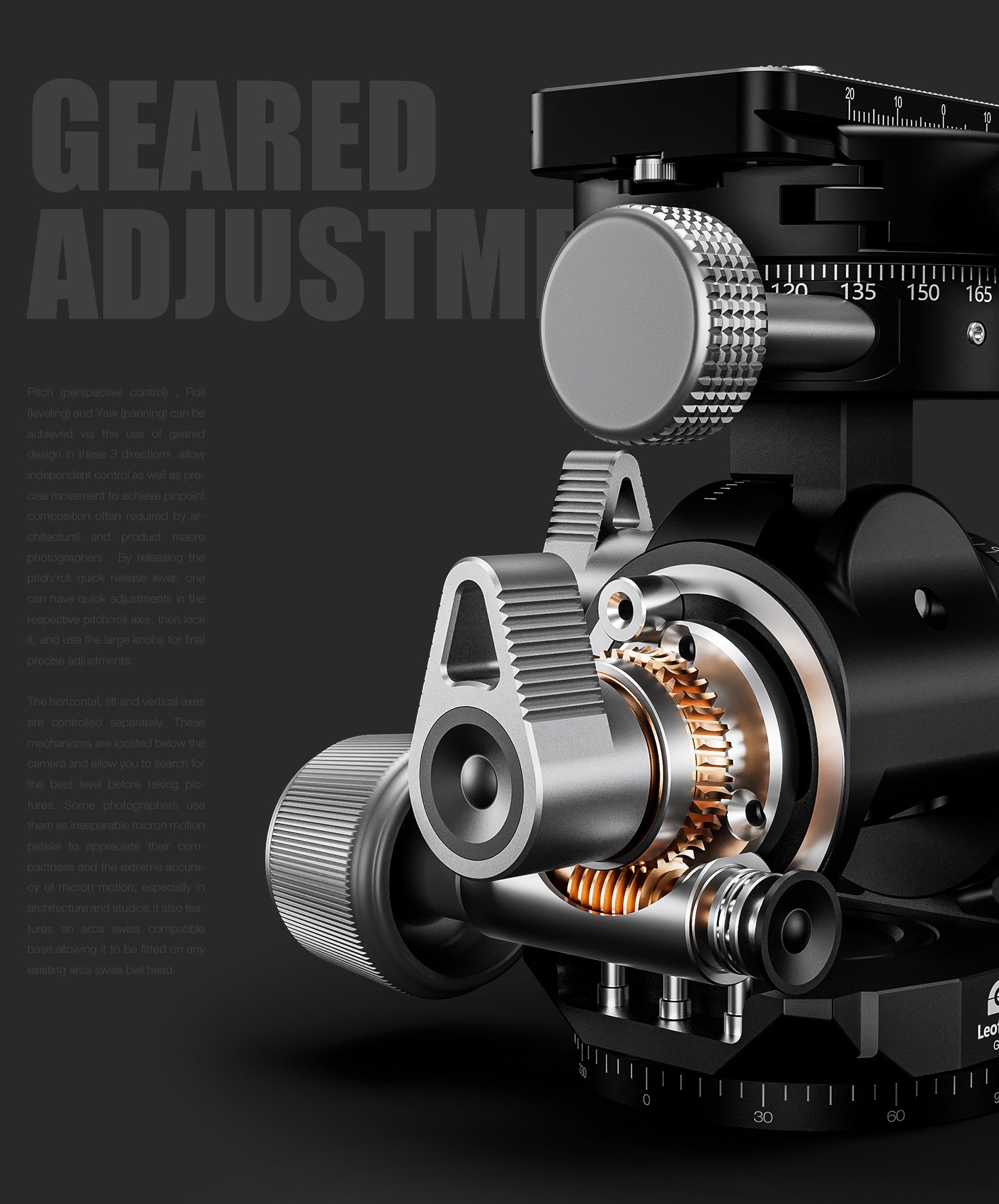 Leofoto G4PROM Four Way Geared Head with GR-3 Extended Knob Geared Panning Adapter | Arca Compatible