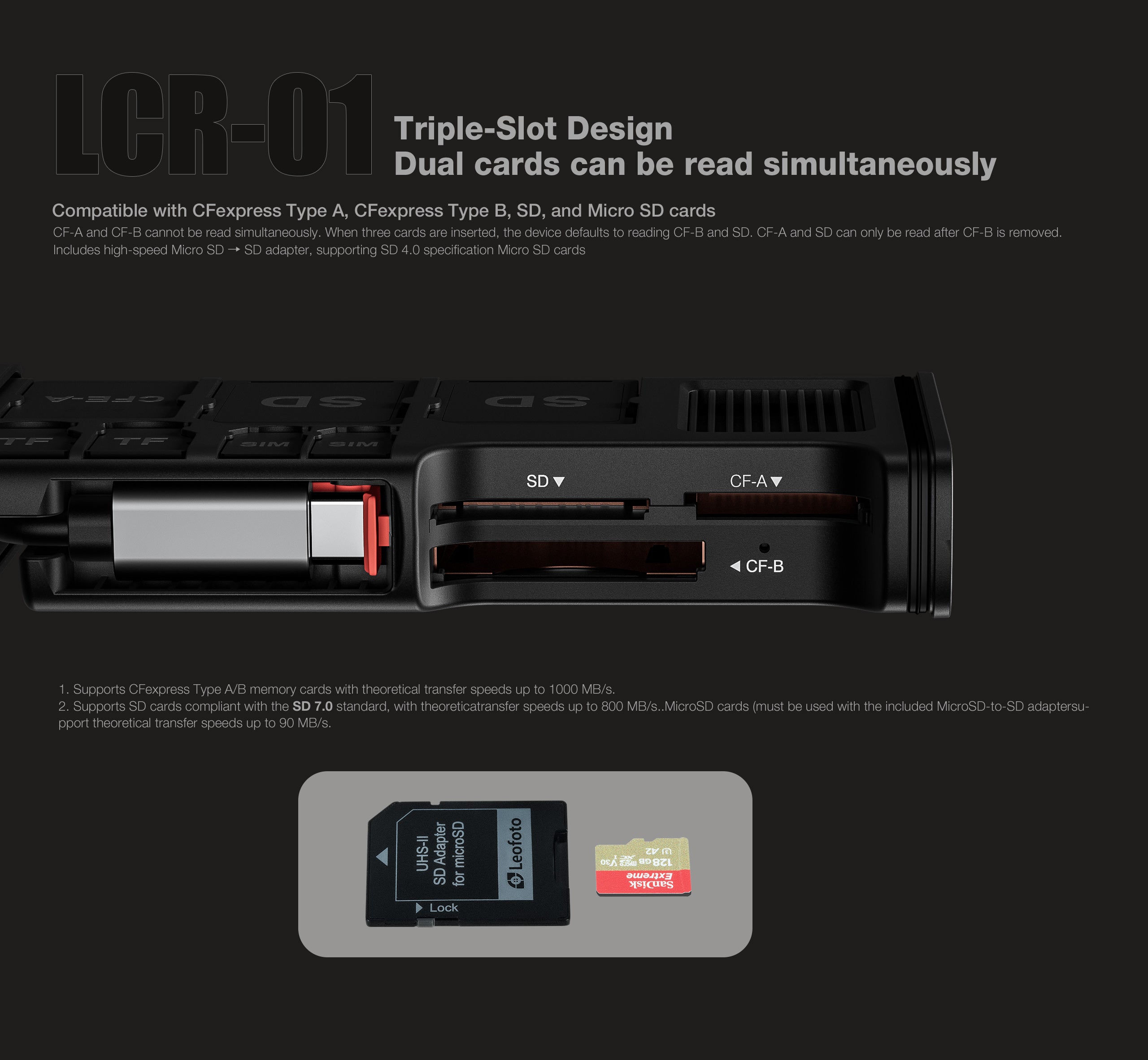 Leofoto LCR-01 Flash Transfer Card Case — Quad-Card Reader with CFexpress Type A/B & SD Support