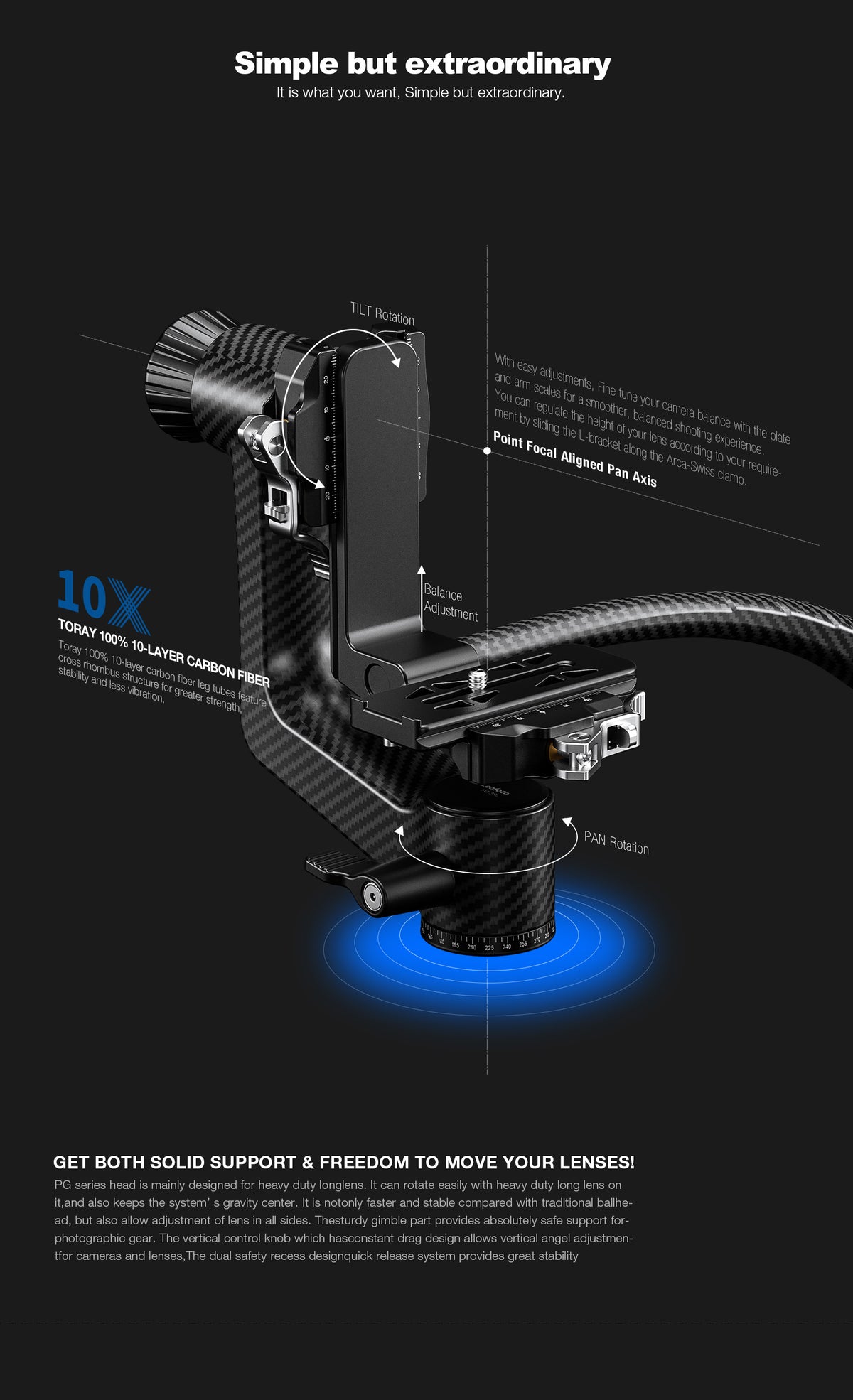 Leofoto PG-3SL (Lever-Release Clamp) Carbon Fiber Gimbal Head with Handle – Black / Green