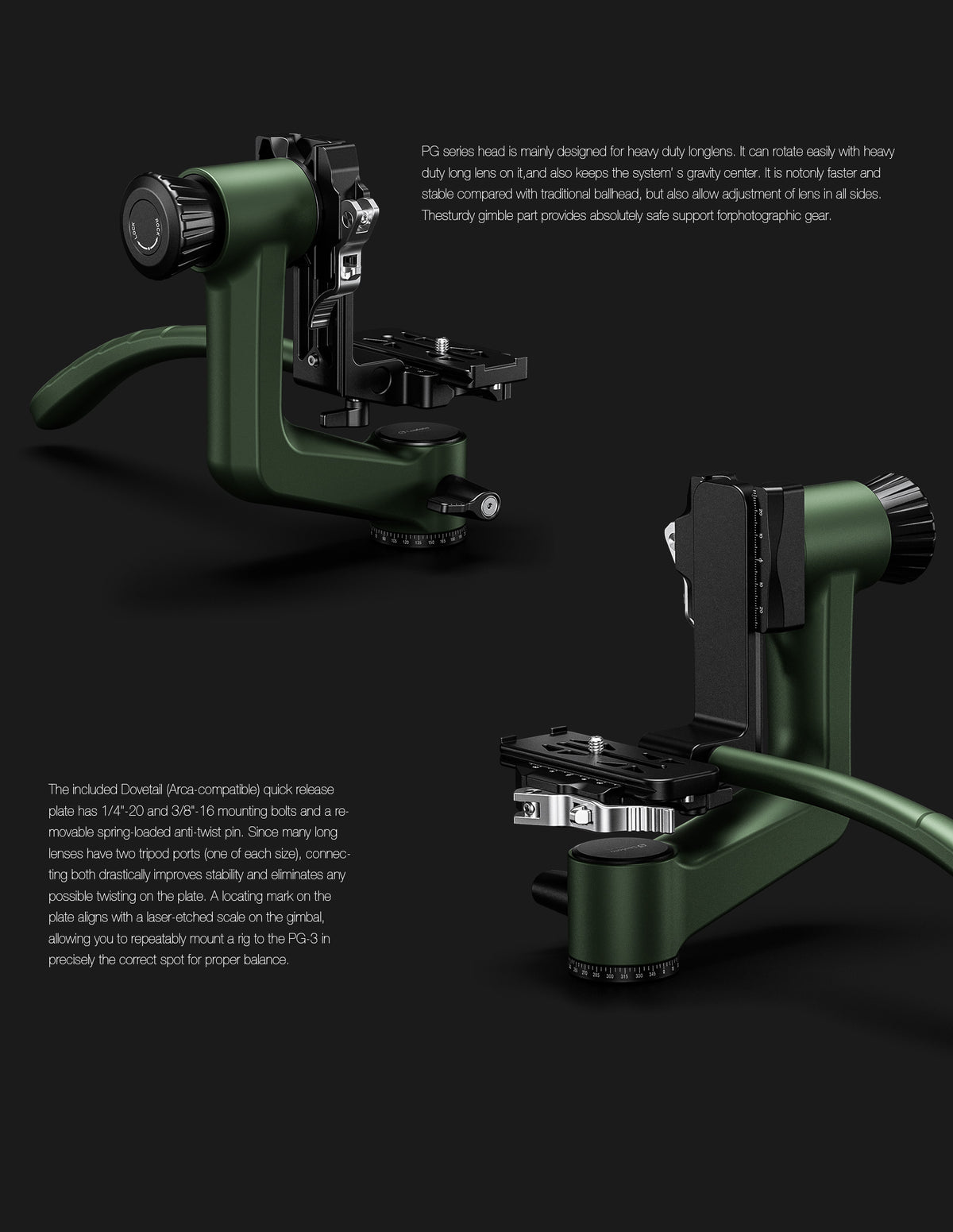 Leofoto PG-3SL (Lever-Release Clamp) Carbon Fiber Gimbal Head with Handle – Black / Green