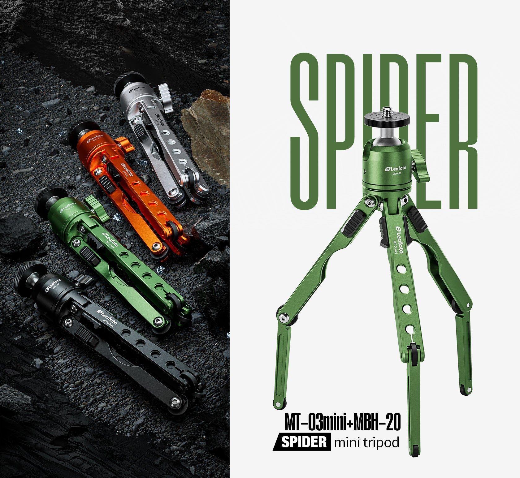 Leofoto MT-03 Mini Spider Folding Tabletop Tripod Kit with MBH-20 Ball Head (4 Colors)