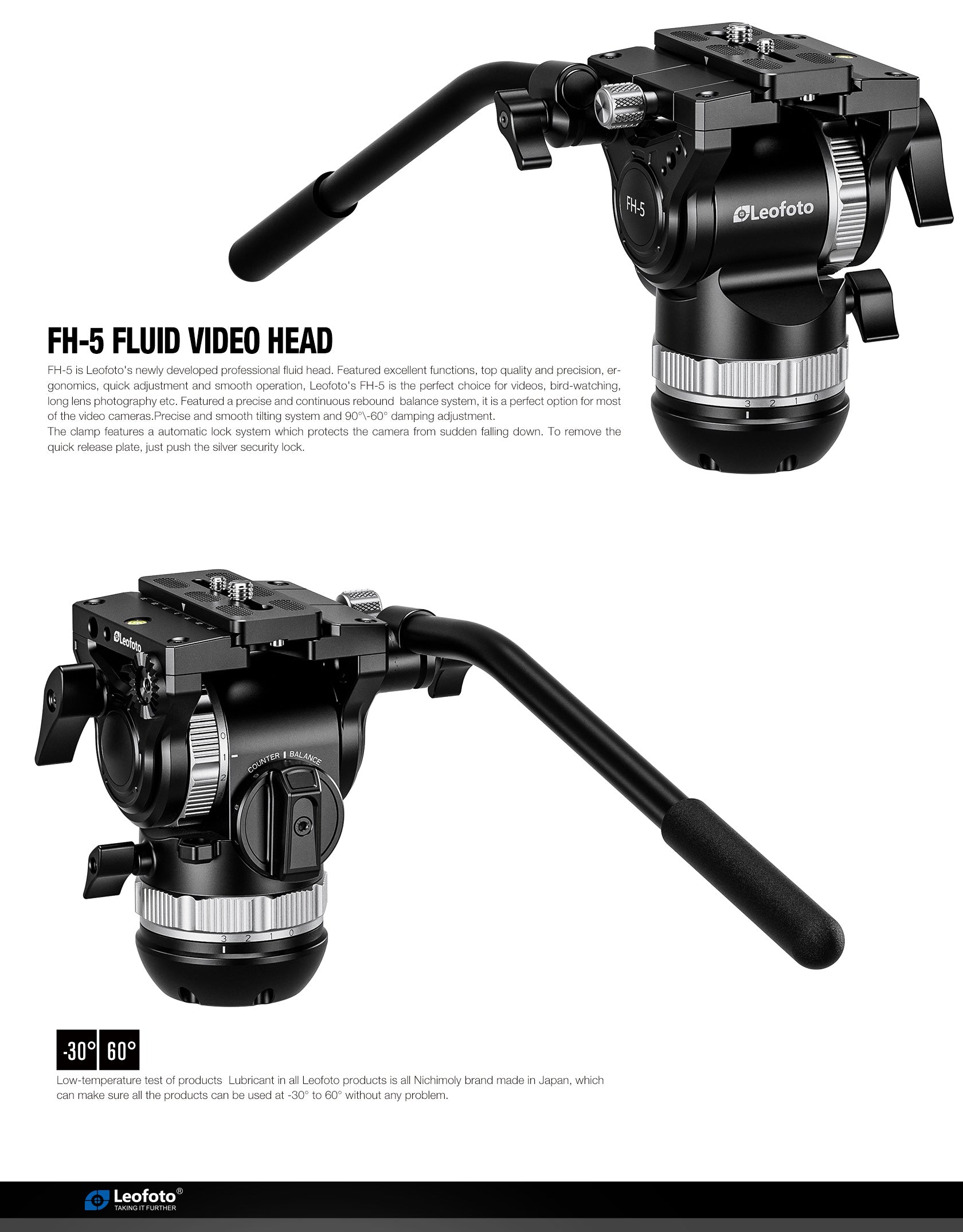 Leofoto FH-5 Professional Fluid Video Head (75mm Bowl & 3/8" Flat Base) - Arca Standard