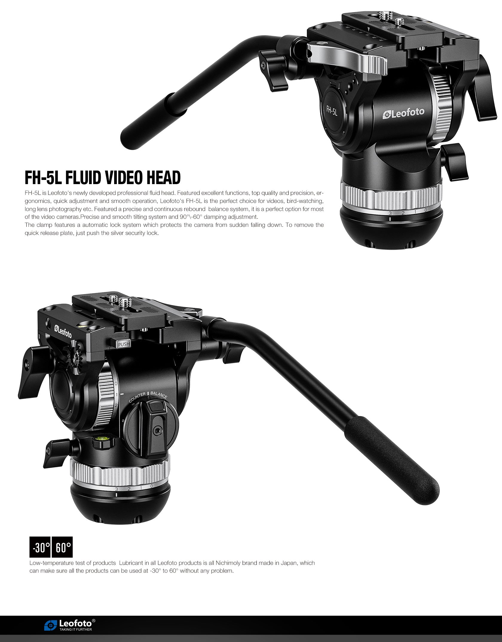 Leofoto FH-5L Lever-Release Professional Fluid Video Head (75mm Bowl & 3/8" Flat Base) - Arca Standard
