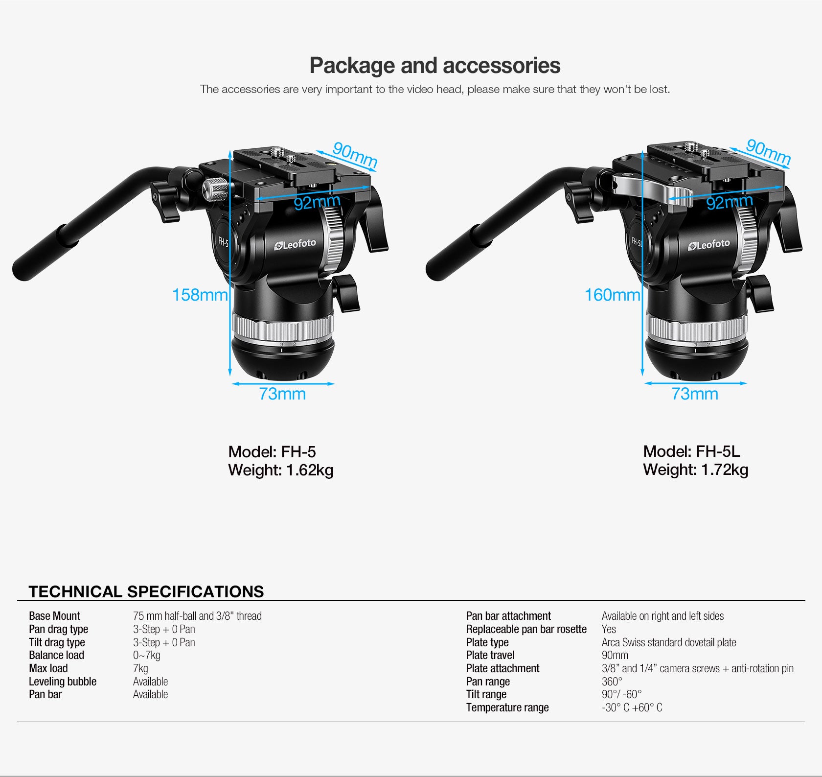 Leofoto FH-5 Professional Fluid Video Head (75mm Bowl & 3/8" Flat Base) - Arca Standard