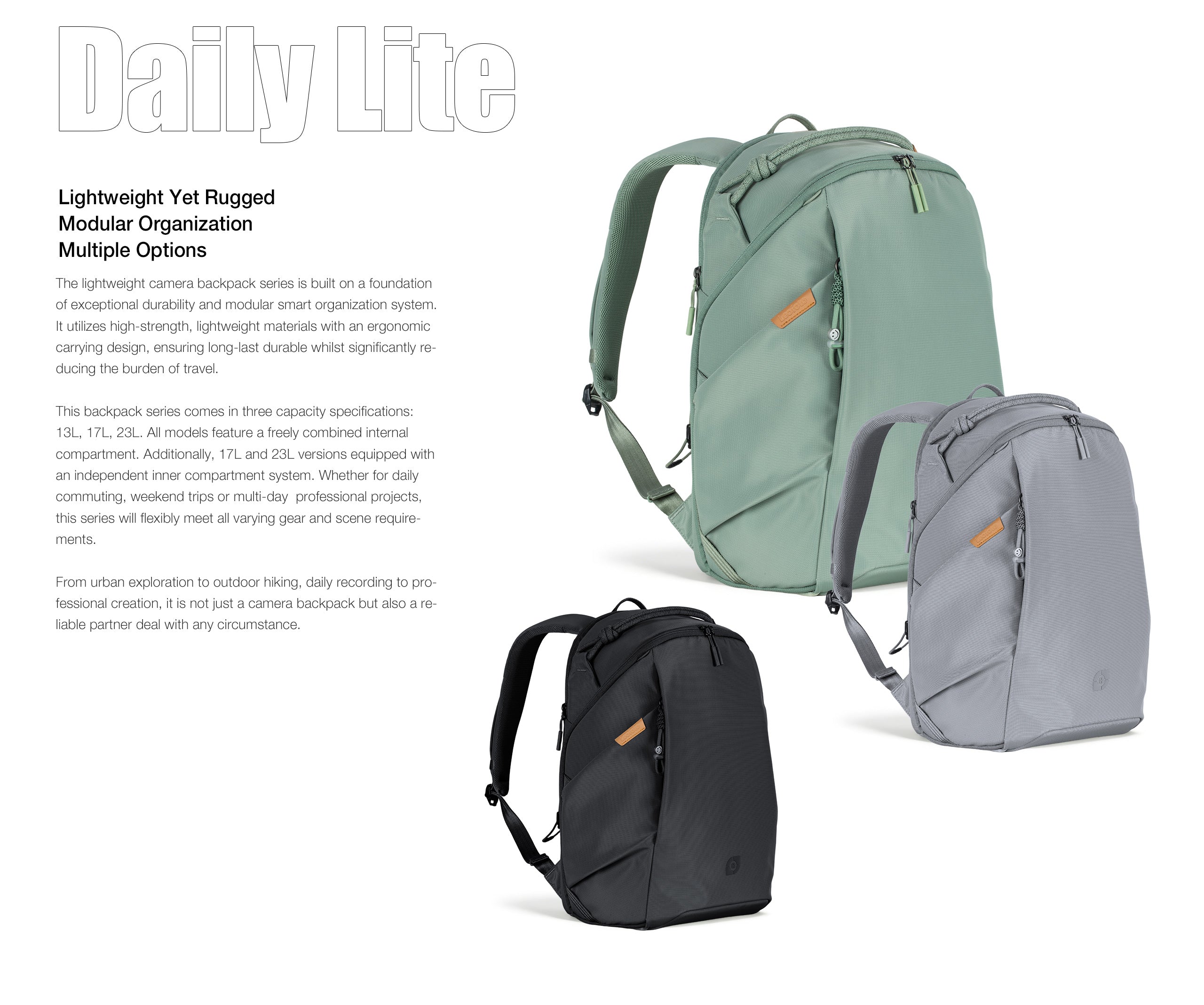 Leofoto Daily Lite Series Camera Backpack (Green / Gray / Midnight Blue) – 13L / 17L / 23L
