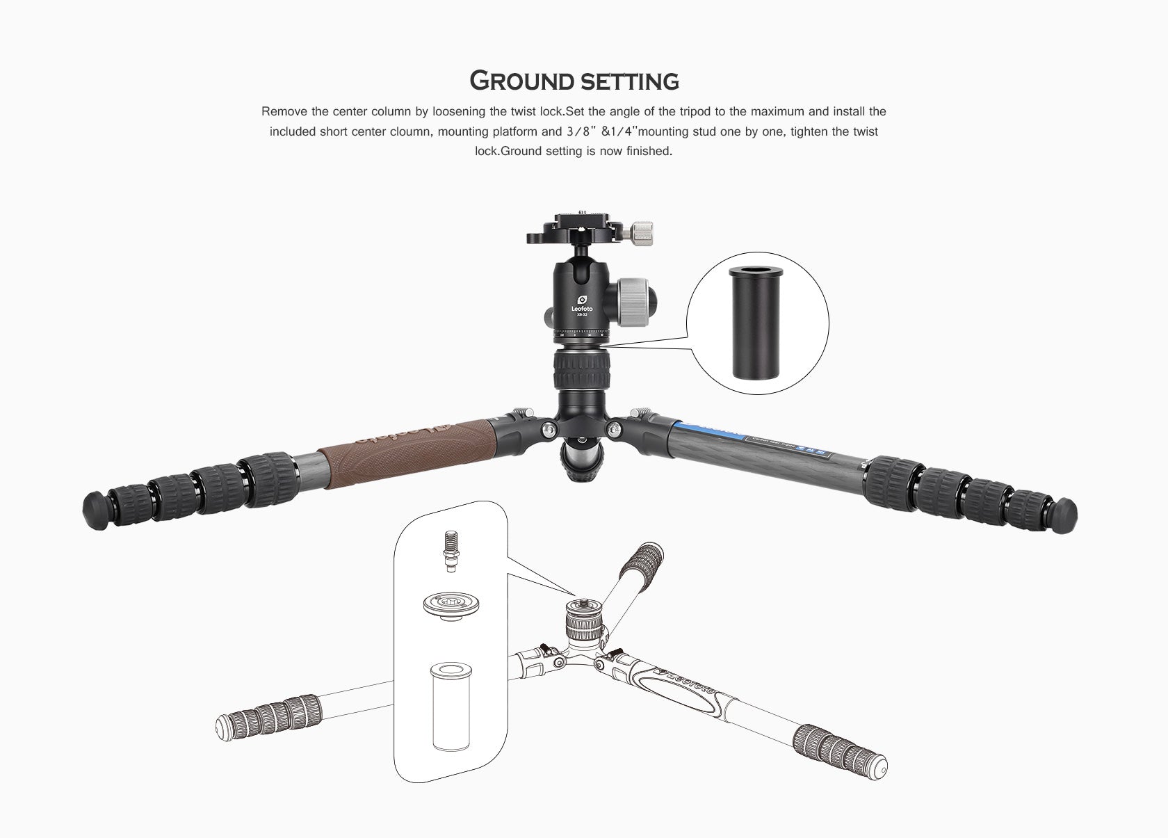 Leofoto LX-255CT + XB-32 Reversible Travel Tripod with Ball Head Set