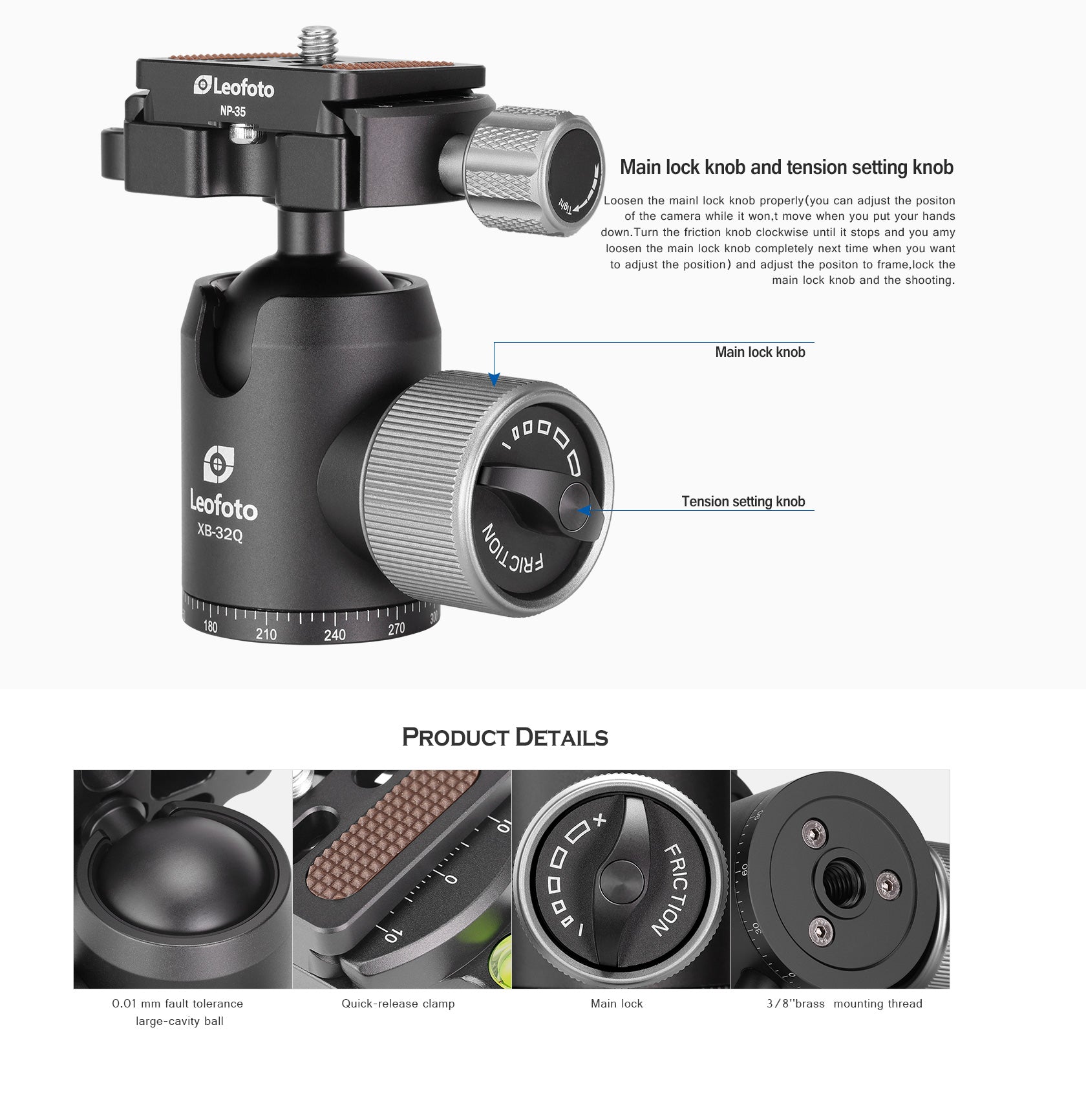 Leofoto LX-224CT + XB-32Q Reversible Travel Tripod with Ball Head Set