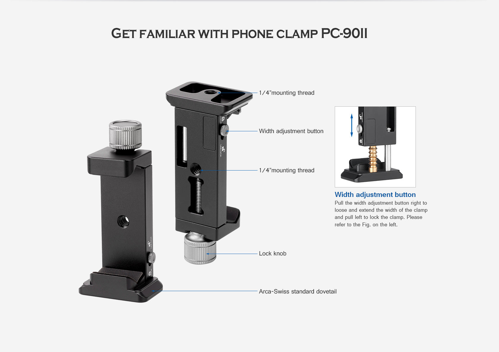 Leofoto PC-90II Adjustable Smartphone Clamp with Locking Width and Arca-Compatible Base