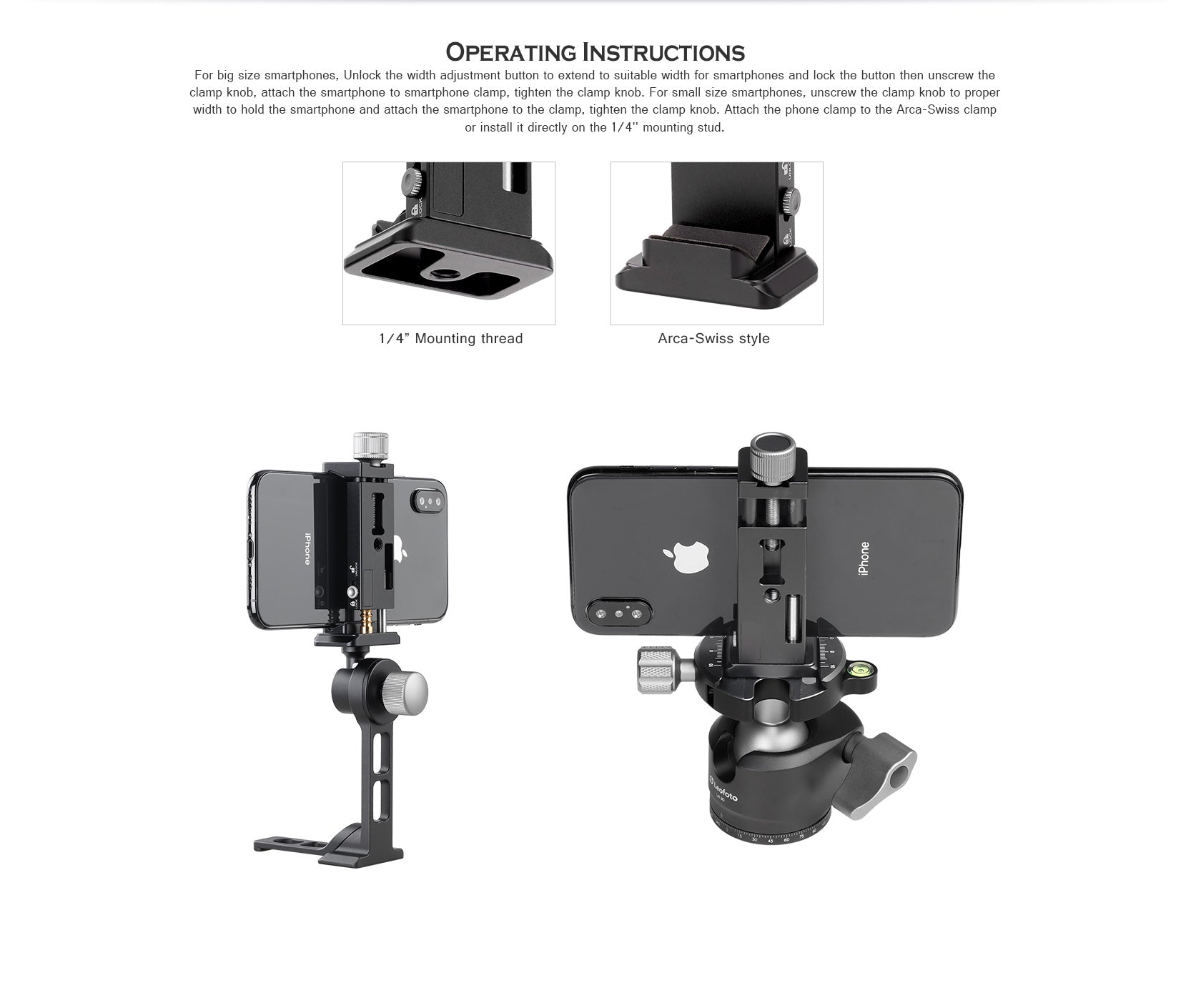Leofoto PC-90II Adjustable Smartphone Clamp with Locking Width and Arca-Compatible Base