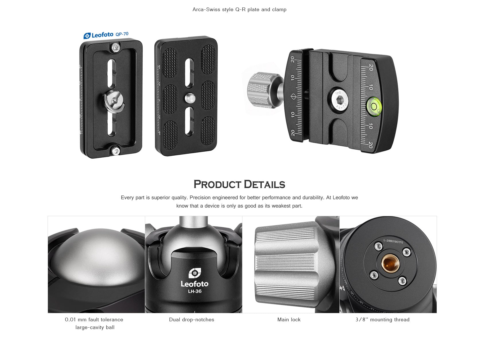 Leofoto LH-36 Low Profile Ball Head + QR Plate | Arca Compatible