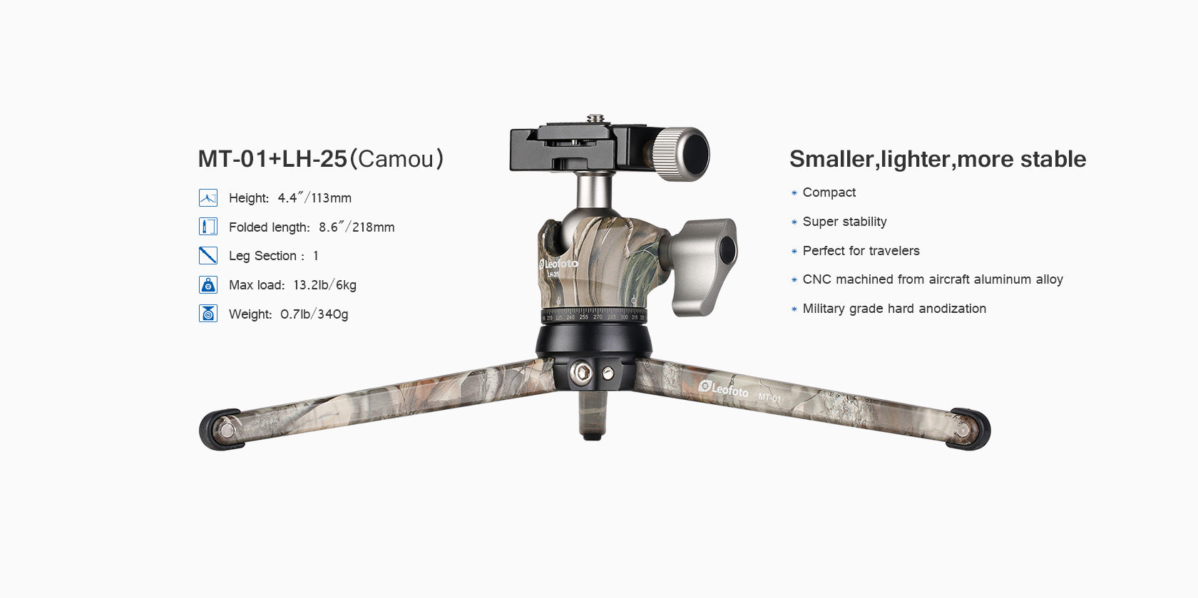 Leofoto MT-01 (Camo) + LH-25 (Camo) Table Top Tripod and Ball Head Kit | Pocket Pod Super Stable Ideal for Compact Cameras
