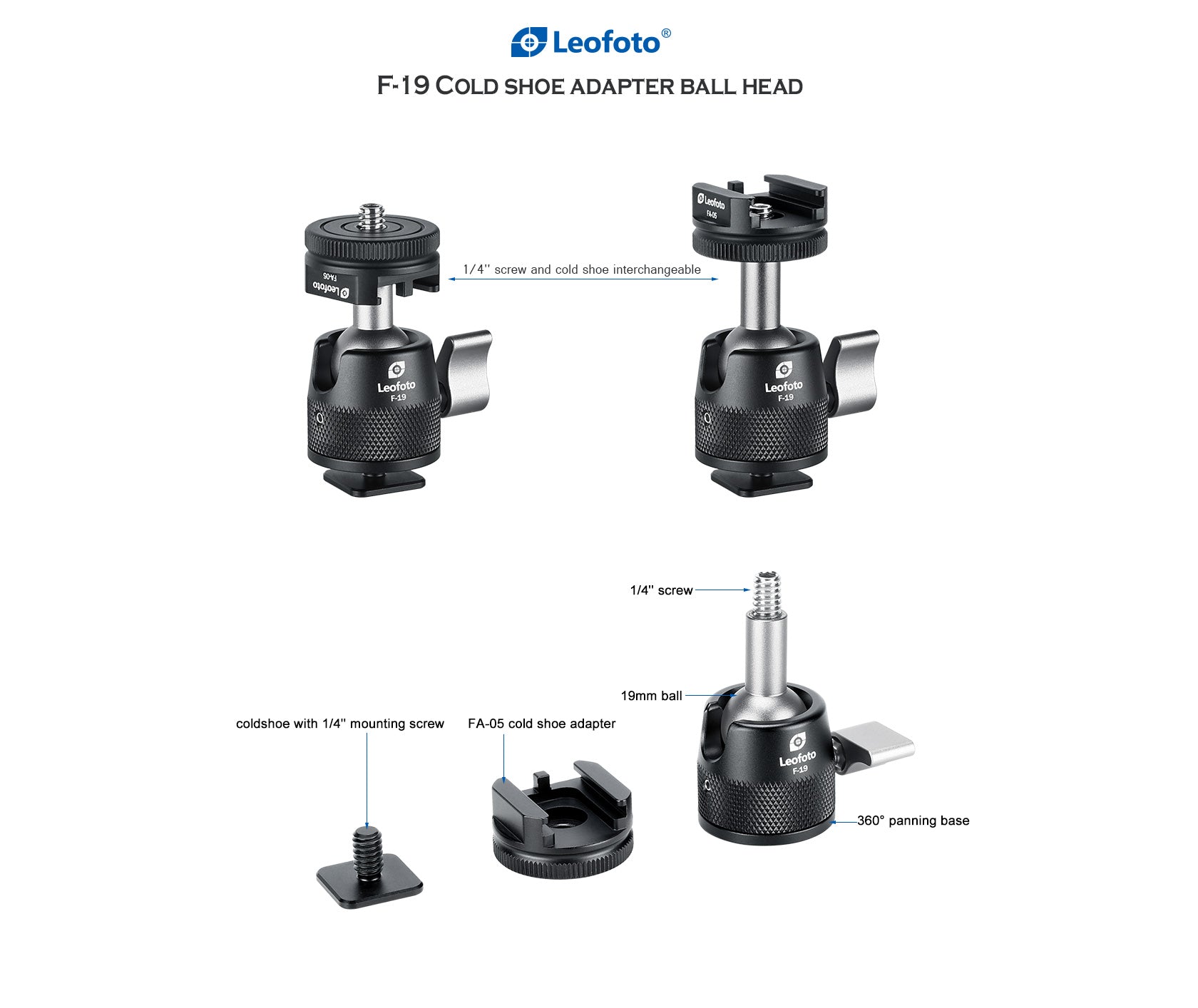 Leofoto F-19 Micro / Mini Ball Head with cold shoe adapter