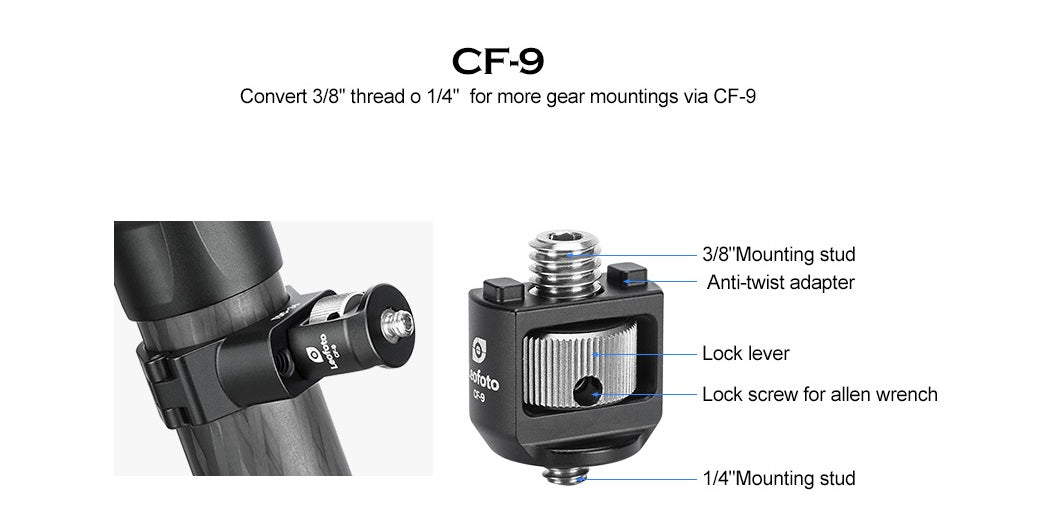 Leofoto CF-9 1/4" Male to 3/8" Male Adapter Accessory Ideal for Magic Arm Tripod Mount