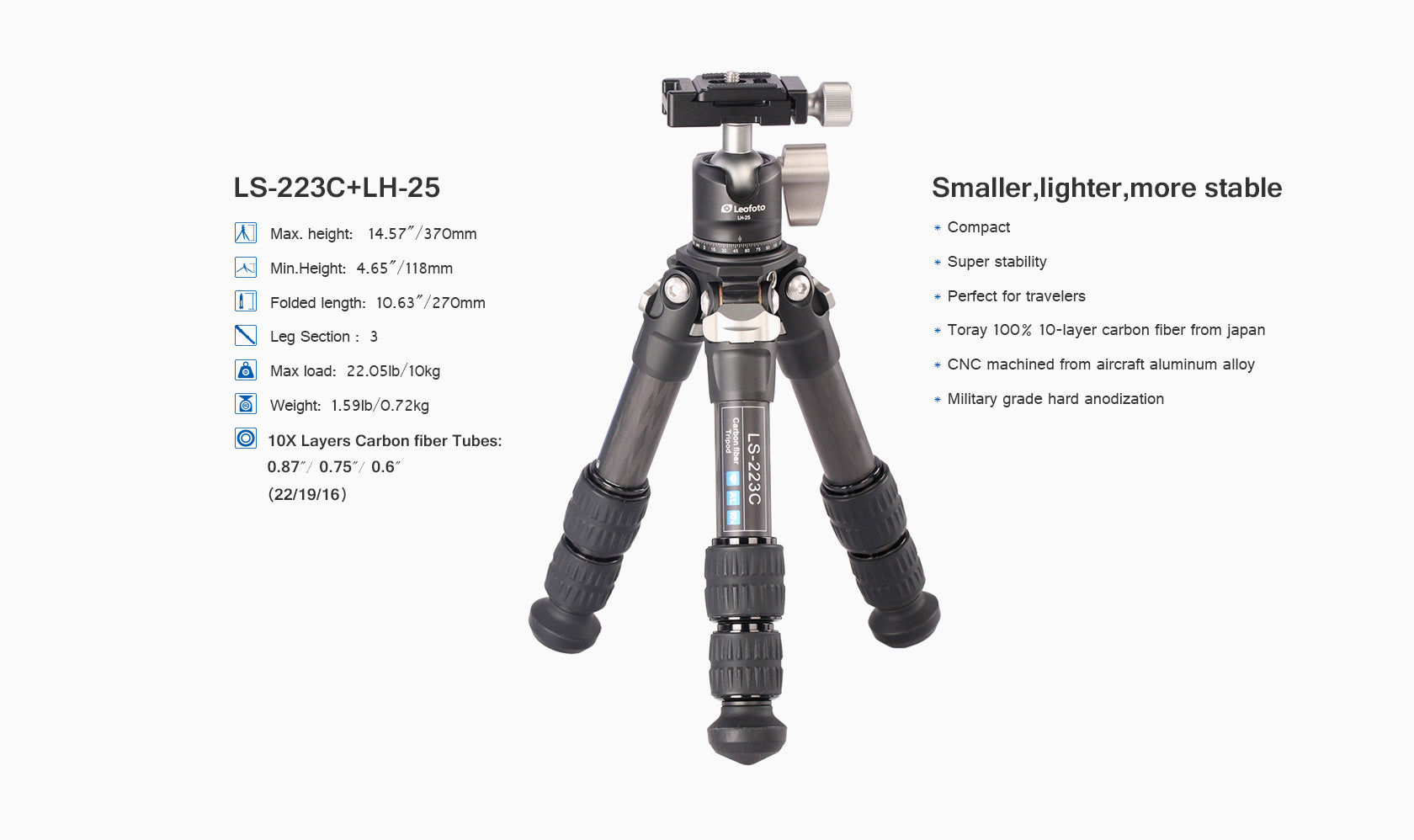 Leofoto LS-223C Tripod + LH-25 Ball Head Mini Professional Light Weight Carbon Fiber Tripod Kit