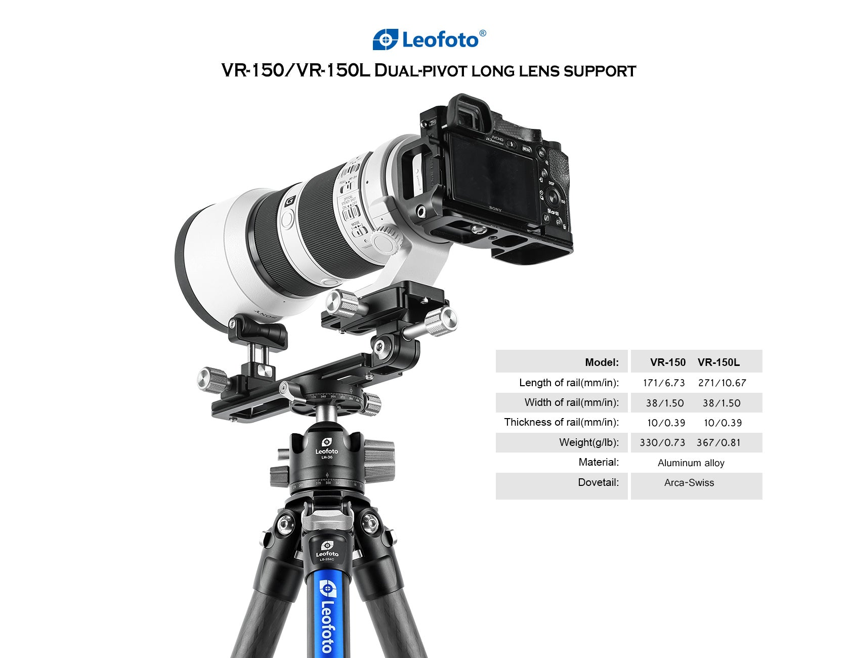 Leofoto VR-150 (Rail 171mm) / VR-150L (Rail 271mm) Dual Pivot Long Tele Lens Support for Arca