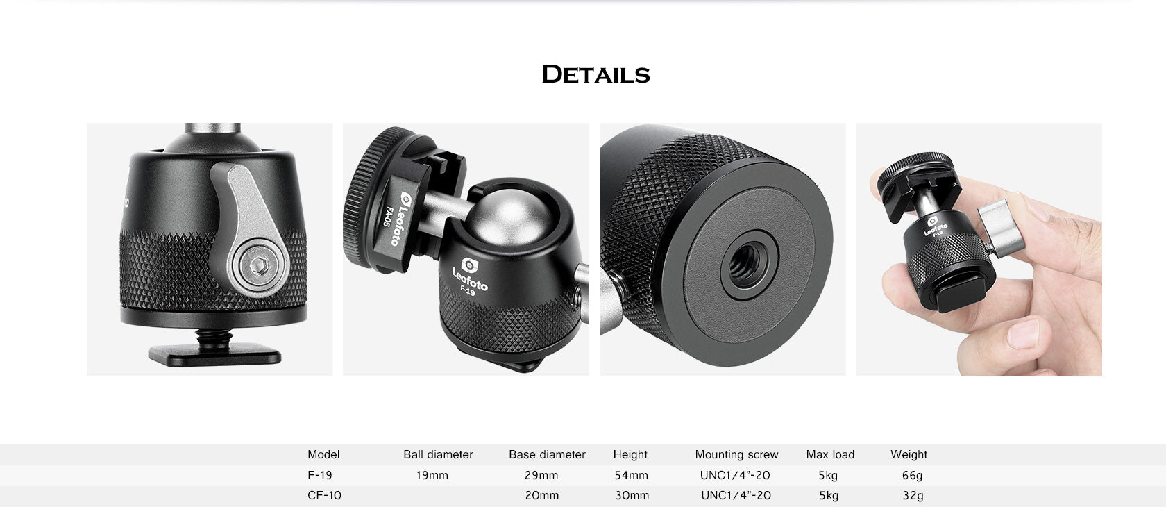 Leofoto F-19 Micro / Mini Ball Head with cold shoe adapter