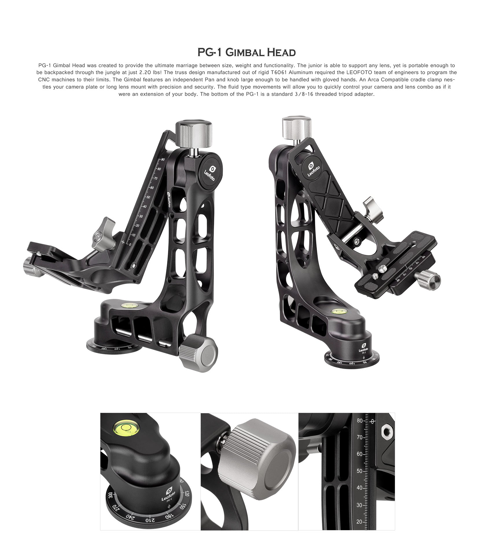 Leofoto PG-1 + LB-65 Lightweight Heavy Duty Gimbal Tripod Head & 65mm Leveling Base Combo