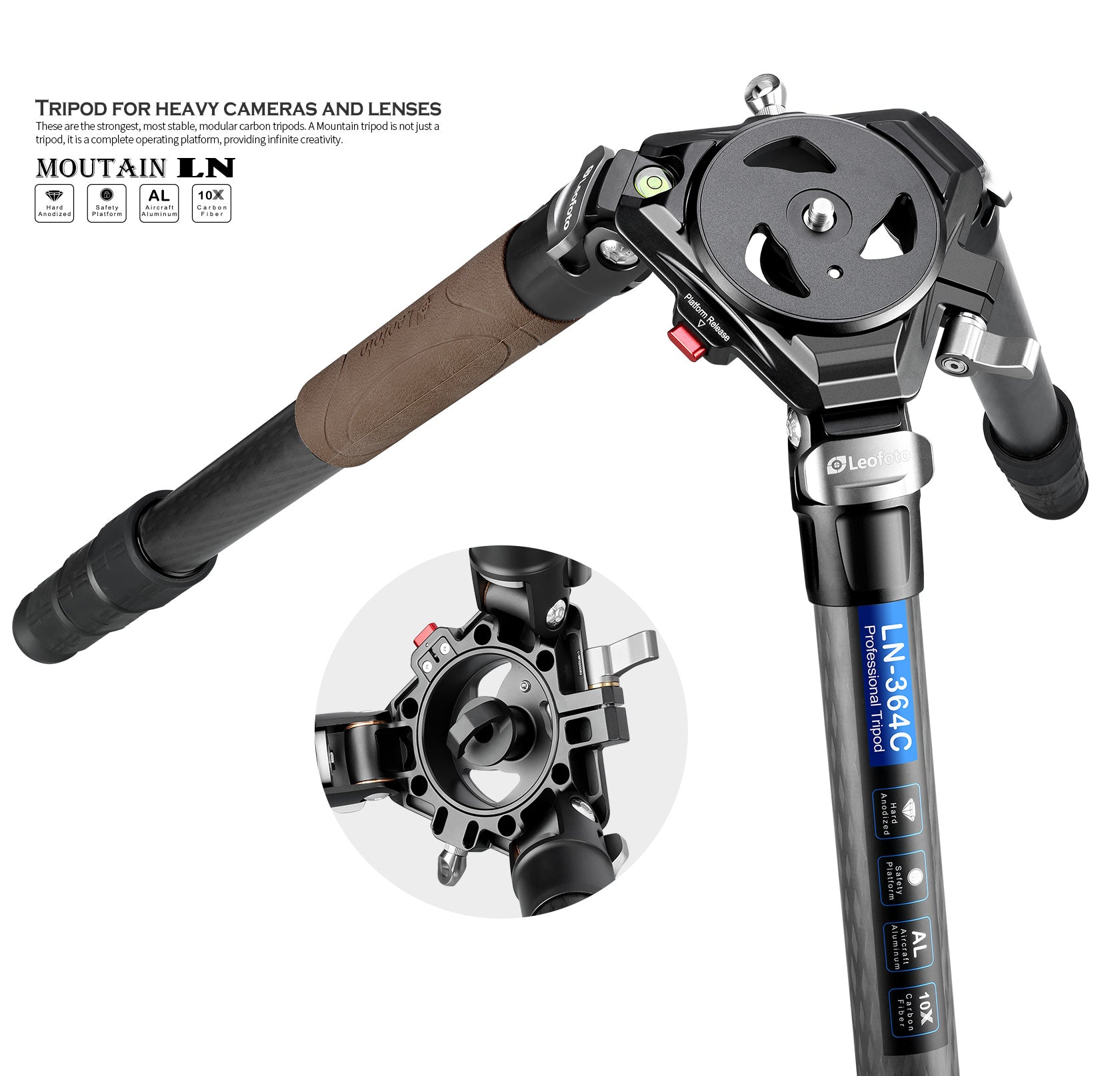 Leofoto LN-364C Heavy Duty Tripod with 75mm Bowl+Platform & Bag | Ball Head/Leveling Base Kit