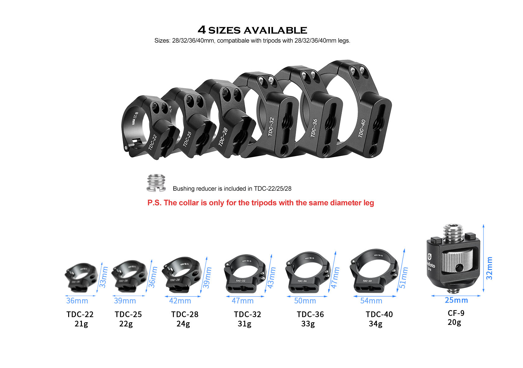 Leofoto TDC-22/ TDC-25/ TDC-28/ TDC-32/ TDC-36/ TDC-40 + CF-9 Tripod Threaded Leg Collar with 3/8" Screw Stud