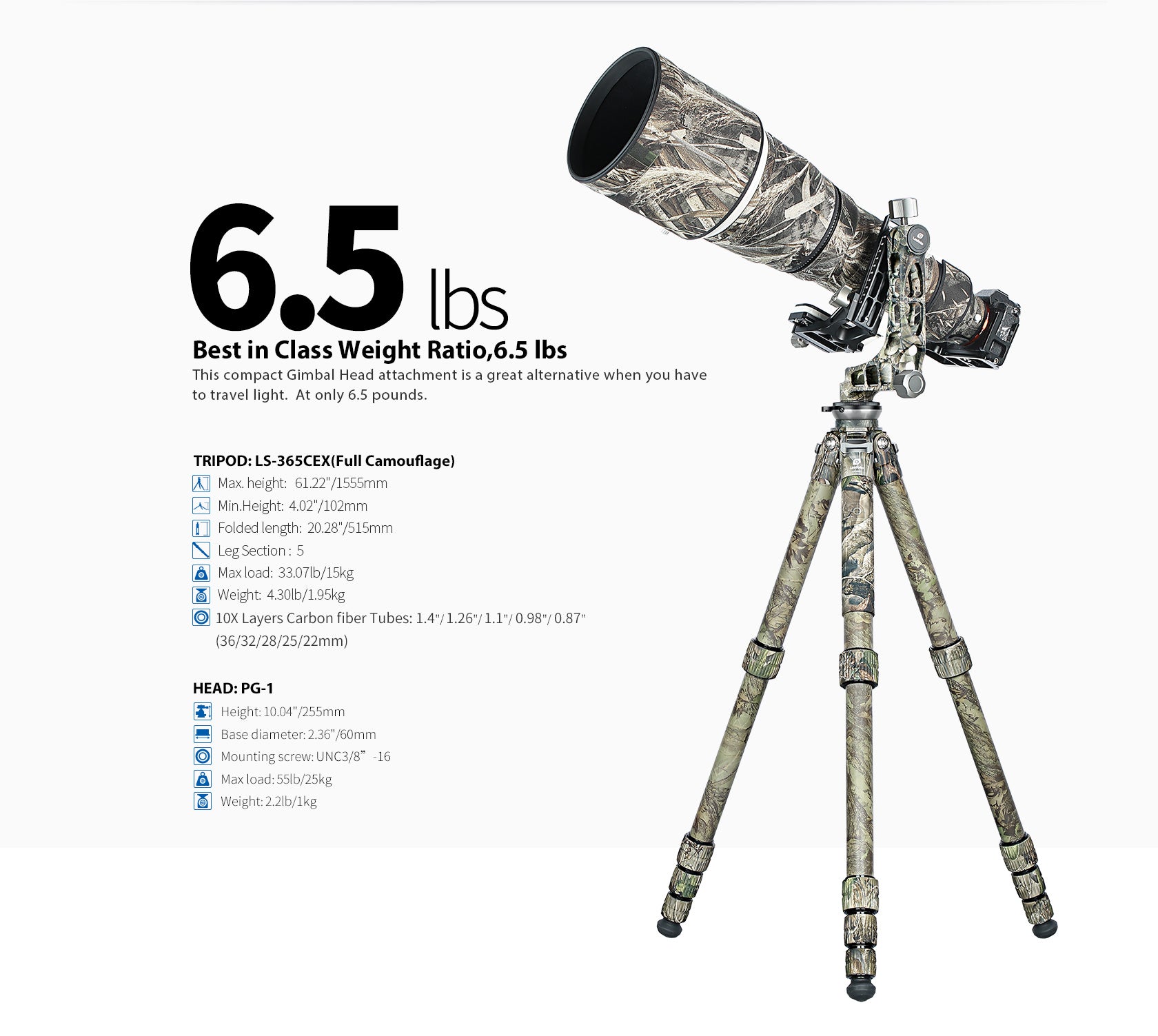 Leofoto LS-365CEX + PG-1 (Full Camo) Ranger Leveling Tripod and PG-1 Gimbal Head Set