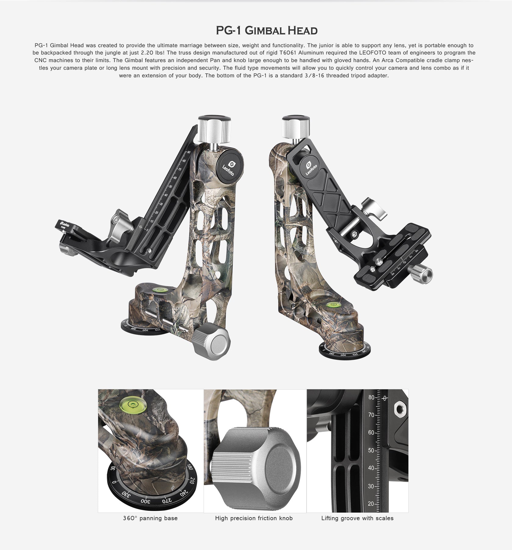 Leofoto LS-365CEX + PG-1 (Full Camo) Ranger Leveling Tripod and PG-1 Gimbal Head Set