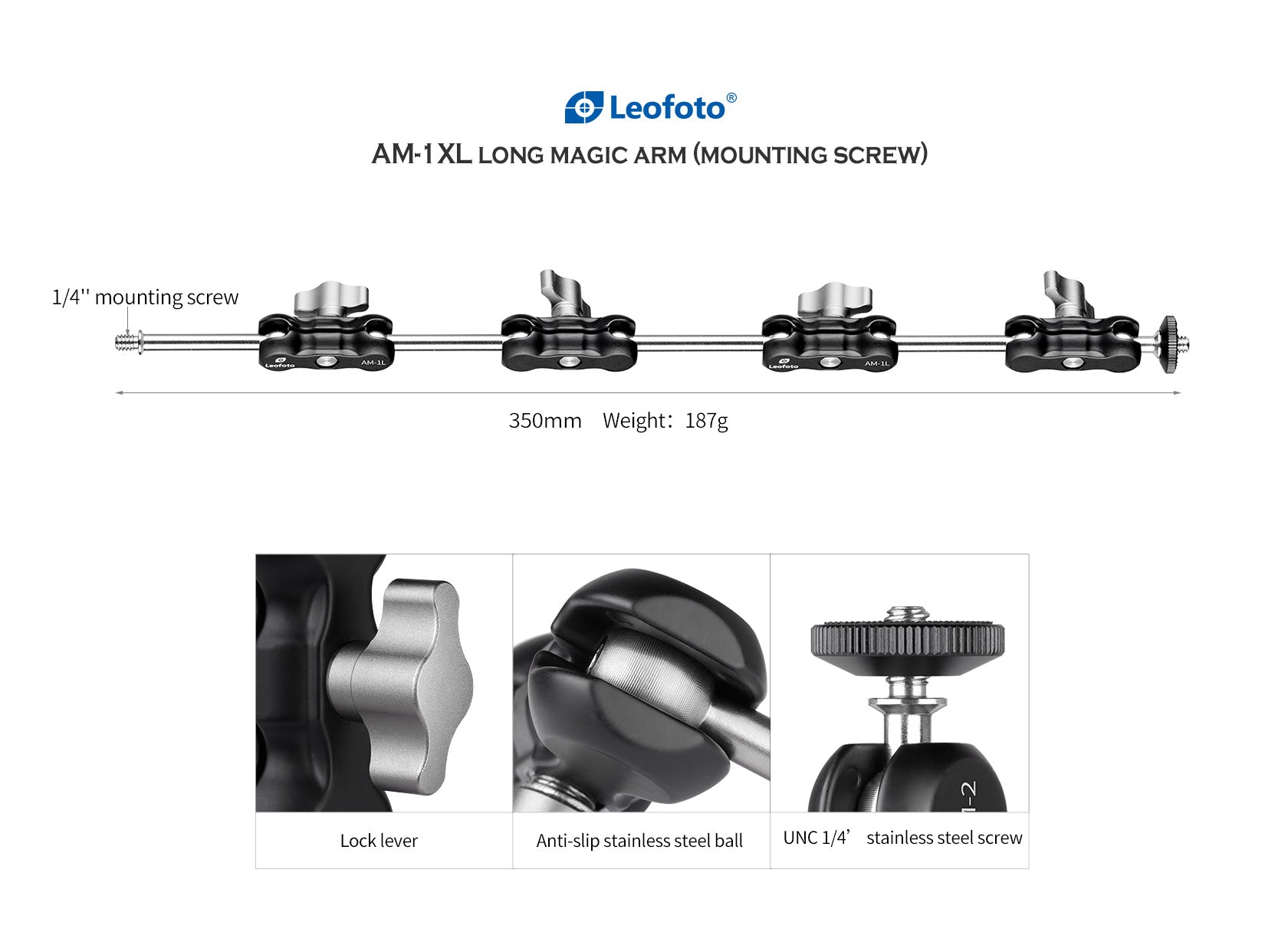 Leofoto AM-1XL Long Magic Arm 1/4" Mounting Screw/ 4 Locks