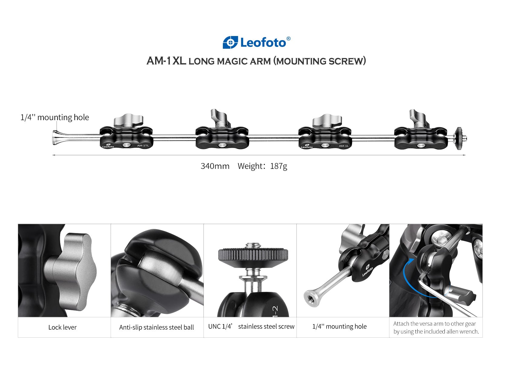 Leofoto AM-1TXL Long Magic Arm 1/4" Mounting Screw/ 4 Locks