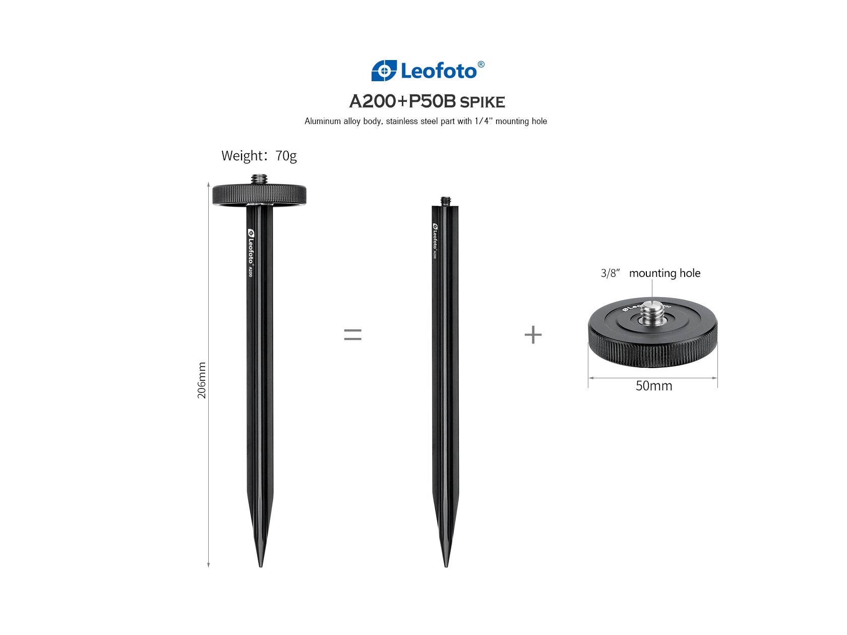 Leofoto A200+P50B 8" Ground Mount Spike with 3/8'' screw