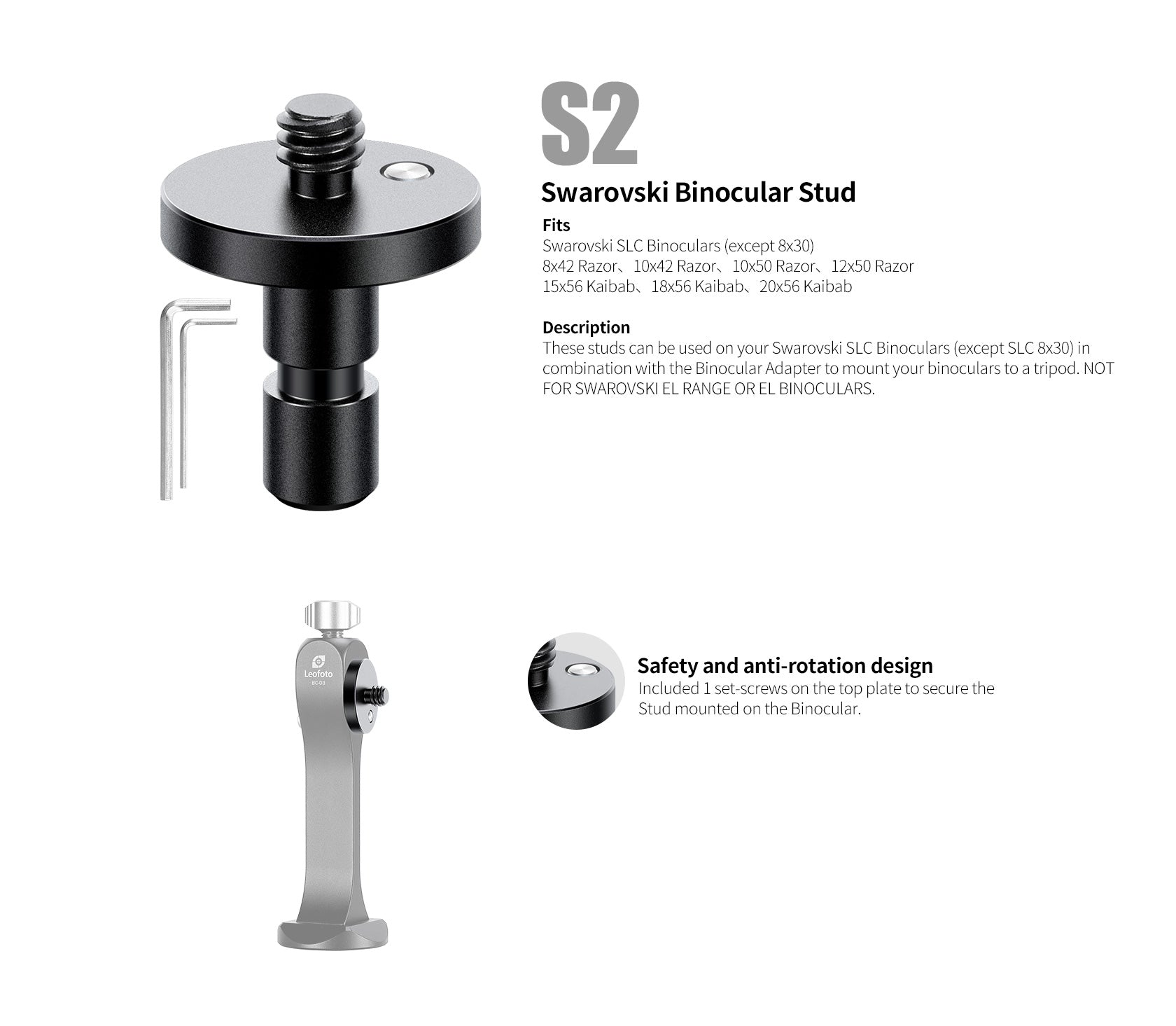 Leofoto S1/ S2/ S3/ S4 Stud for BC-03 Binoculars Adapter Leica Zeiss Swarovski