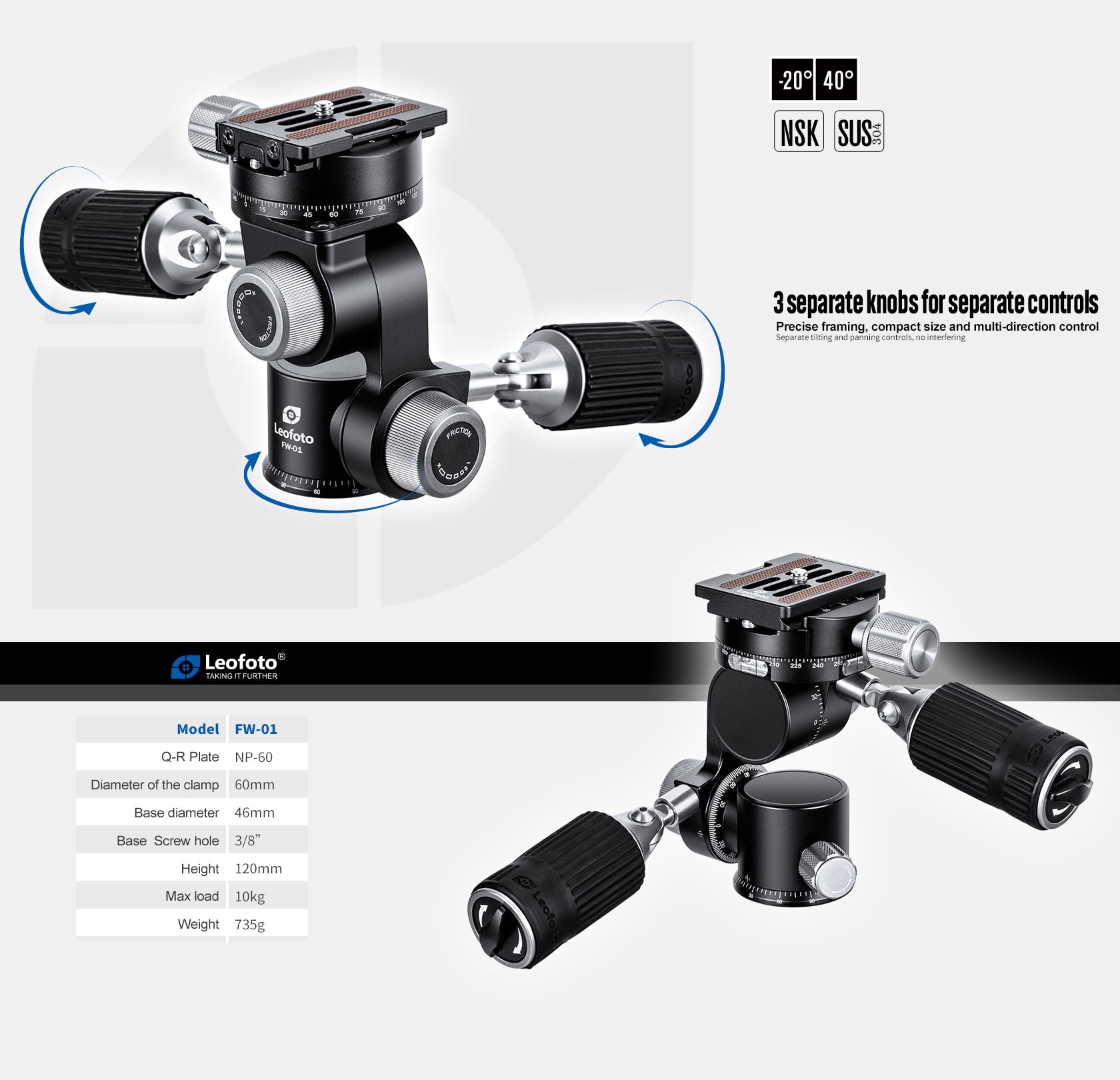 Leofoto FW-01 Professional Pan-and-Tilt 3-Way Head with NP-60 Plate | Arca Compatible