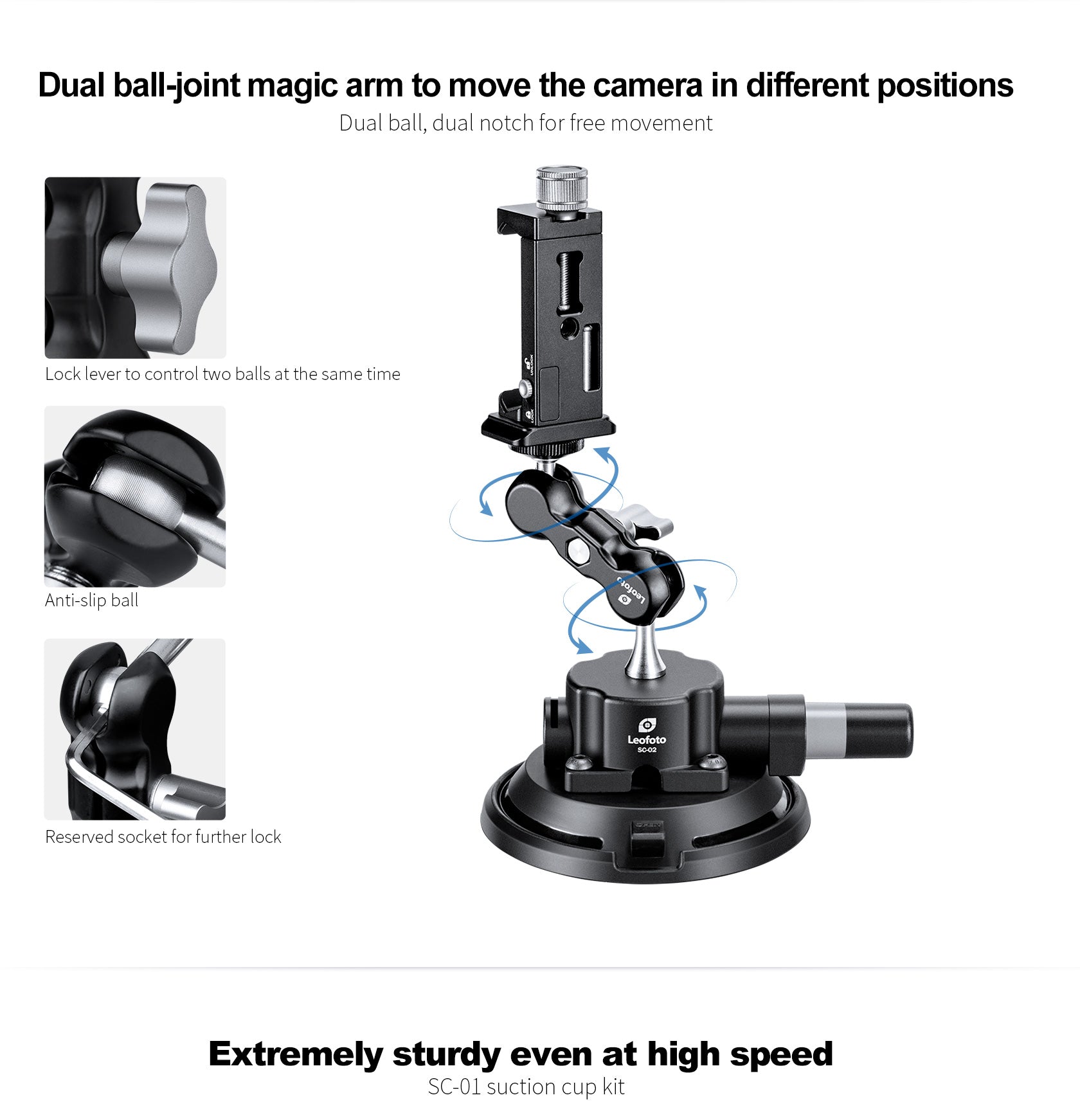 Leofoto SC-02 + PC-90II + Versa Arm Suction Mounting Kit | 1/4" Screw |Max Load: 88lb (40kg)