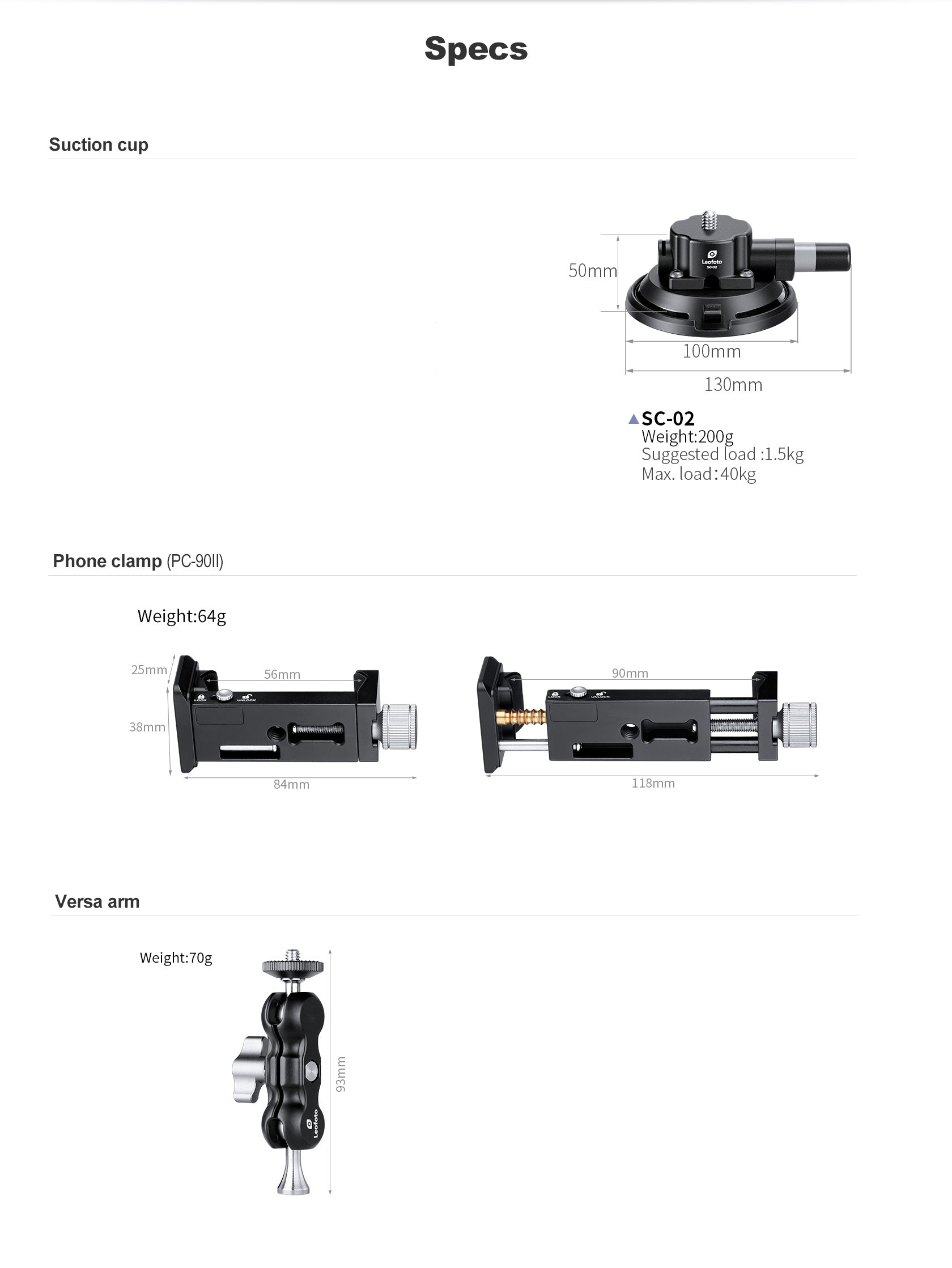 Leofoto SC-02 + PC-90II + Versa Arm Suction Mounting Kit | 1/4" Screw |Max Load: 88lb (40kg)
