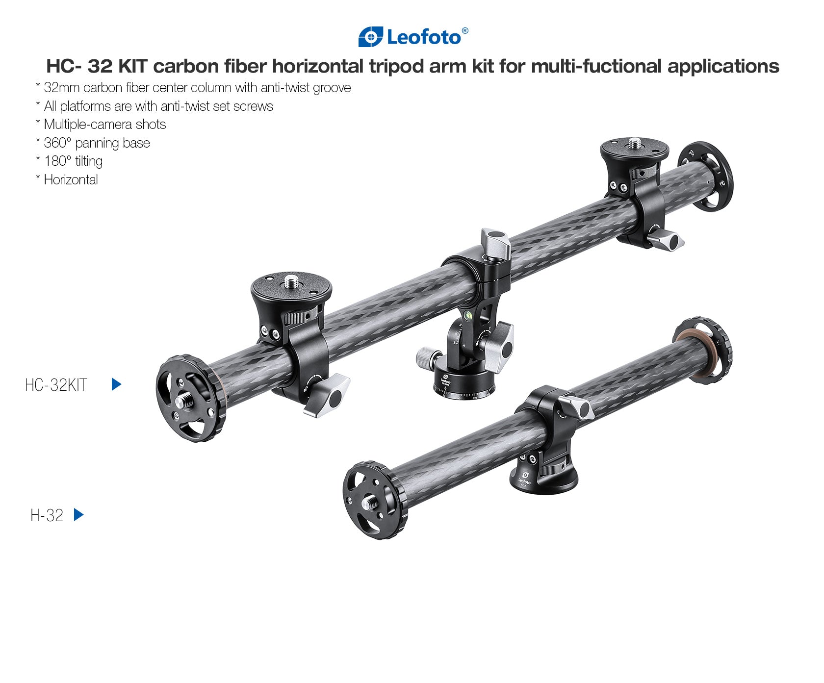 Leofoto HC-32 Kit + H-32 Carbon Fiber Horizontal Panoramic Center Column with Tripod Arm Combo