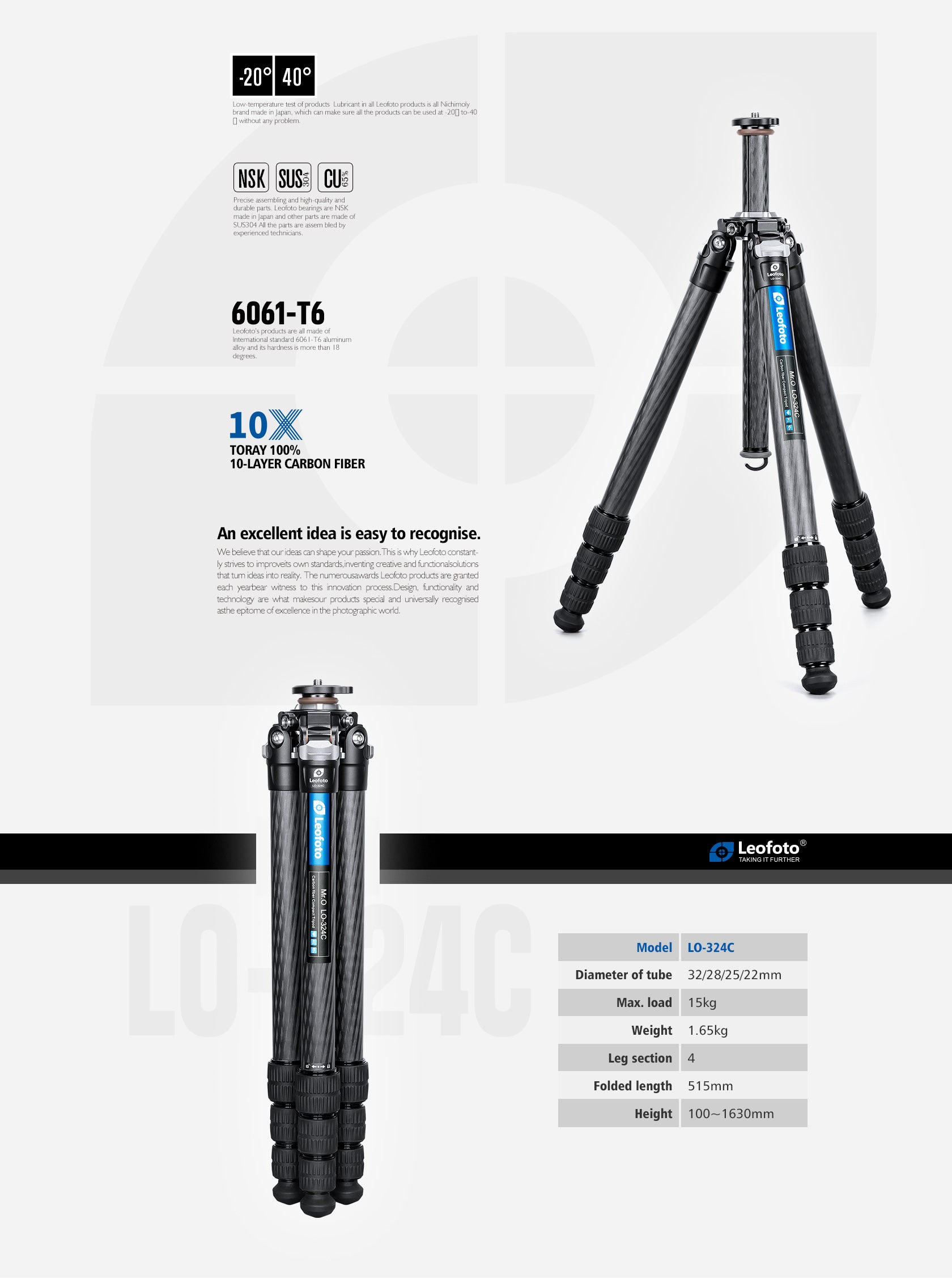 Leofoto LO-324C Tripod with Built-in Hollow Ball & Bag
