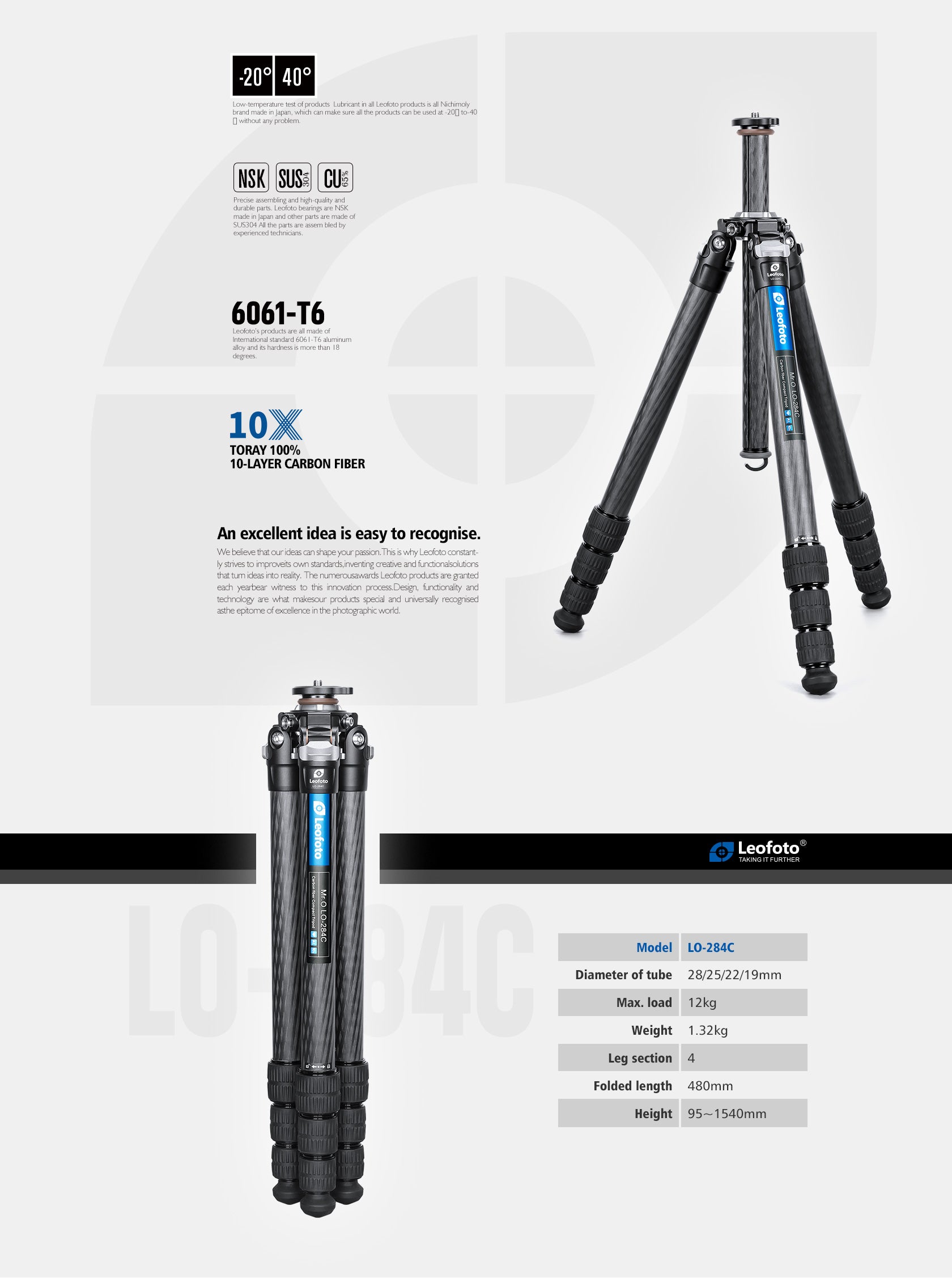 Leofoto LO-284C Tripod with Built-in Hollow Ball & Bag